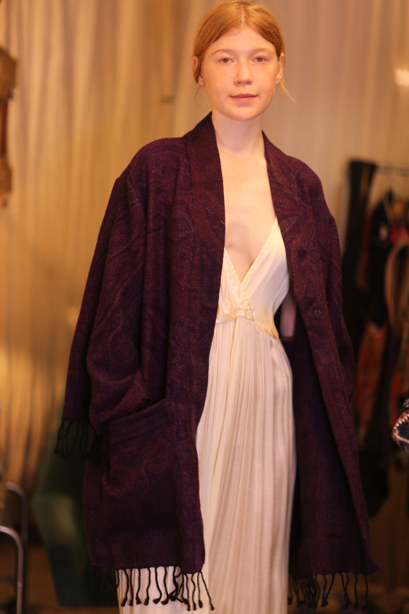 CONE PATTERN EMBROIDERED COTTON WOOL SHAWL THINZAR - BANGKOK TAILOR CLOTHING STORE - HANDMADE CLOTHING