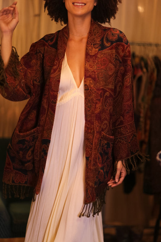 CONE PATTERNED EMBROIDERED COTTON WOOL SHAWL KIMONO NANCY - BANGKOK TAILOR CLOTHING STORE - HANDMADE CLOTHING