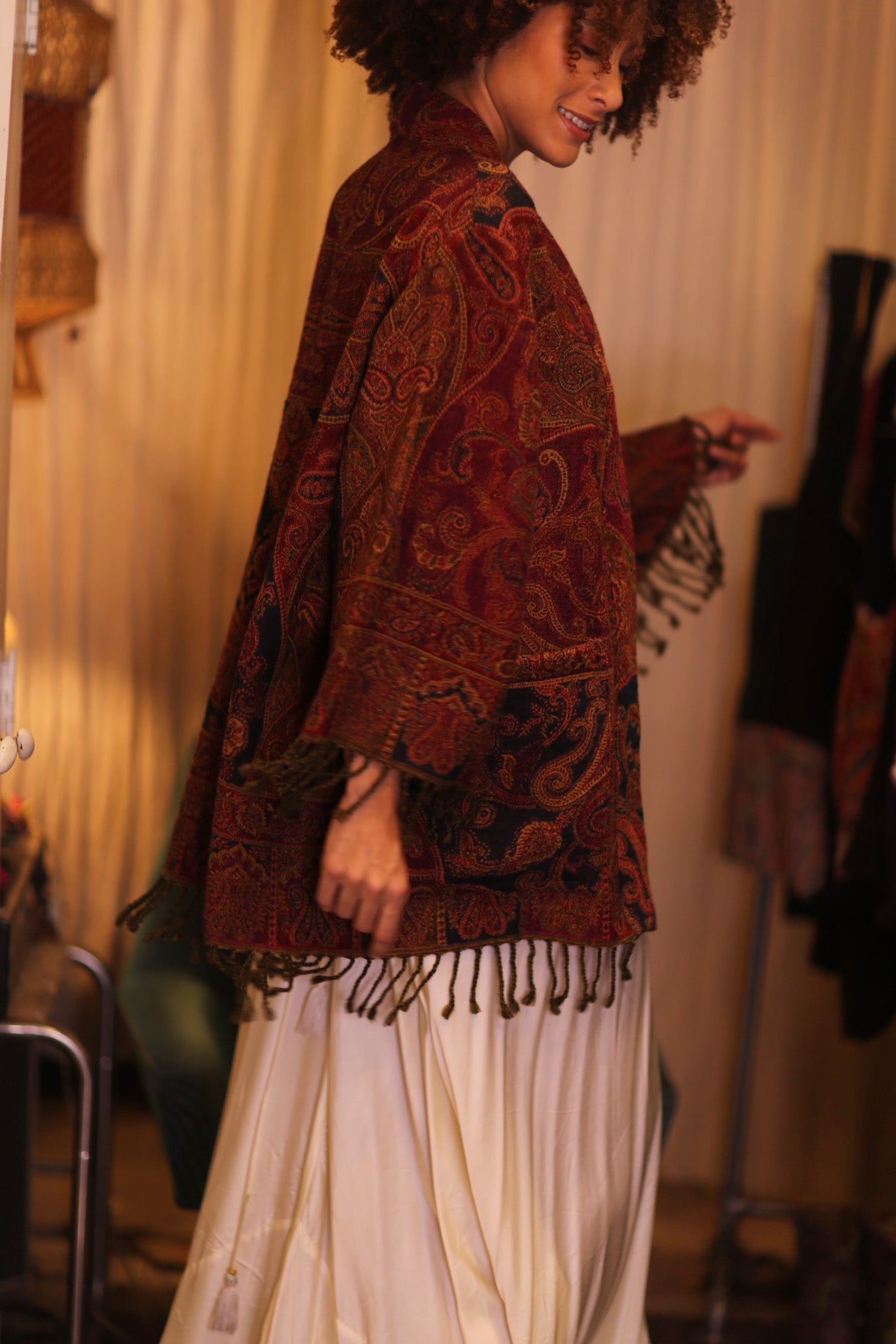 CONE PATTERNED EMBROIDERED COTTON WOOL SHAWL KIMONO NANCY - BANGKOK TAILOR CLOTHING STORE - HANDMADE CLOTHING
