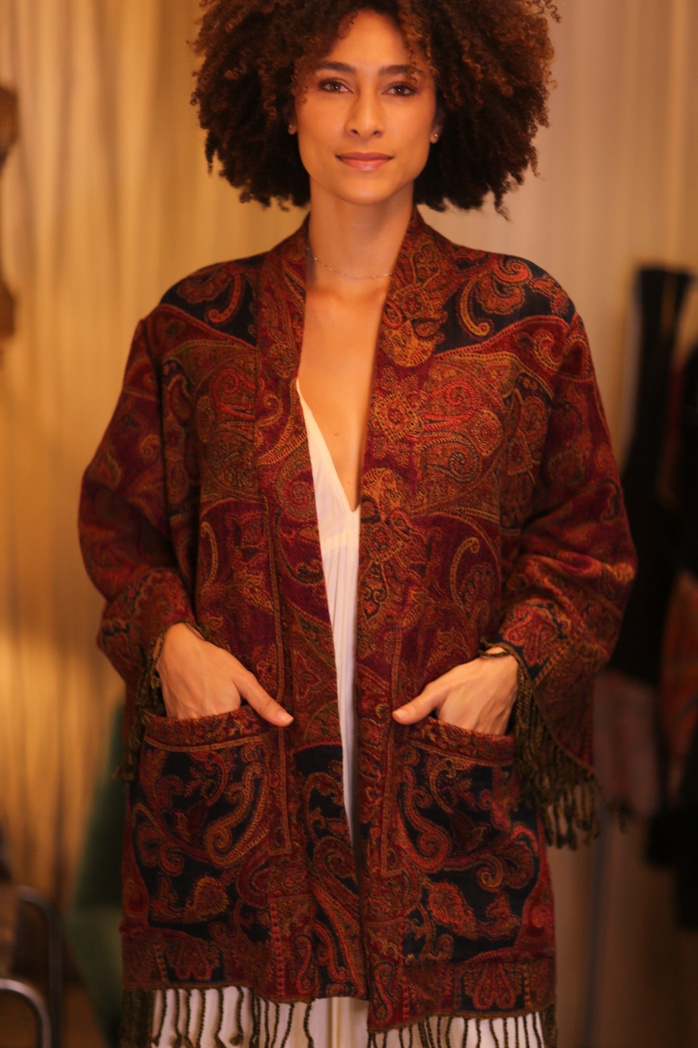 CONE PATTERNED EMBROIDERED COTTON WOOL SHAWL KIMONO NANCY - BANGKOK TAILOR CLOTHING STORE - HANDMADE CLOTHING