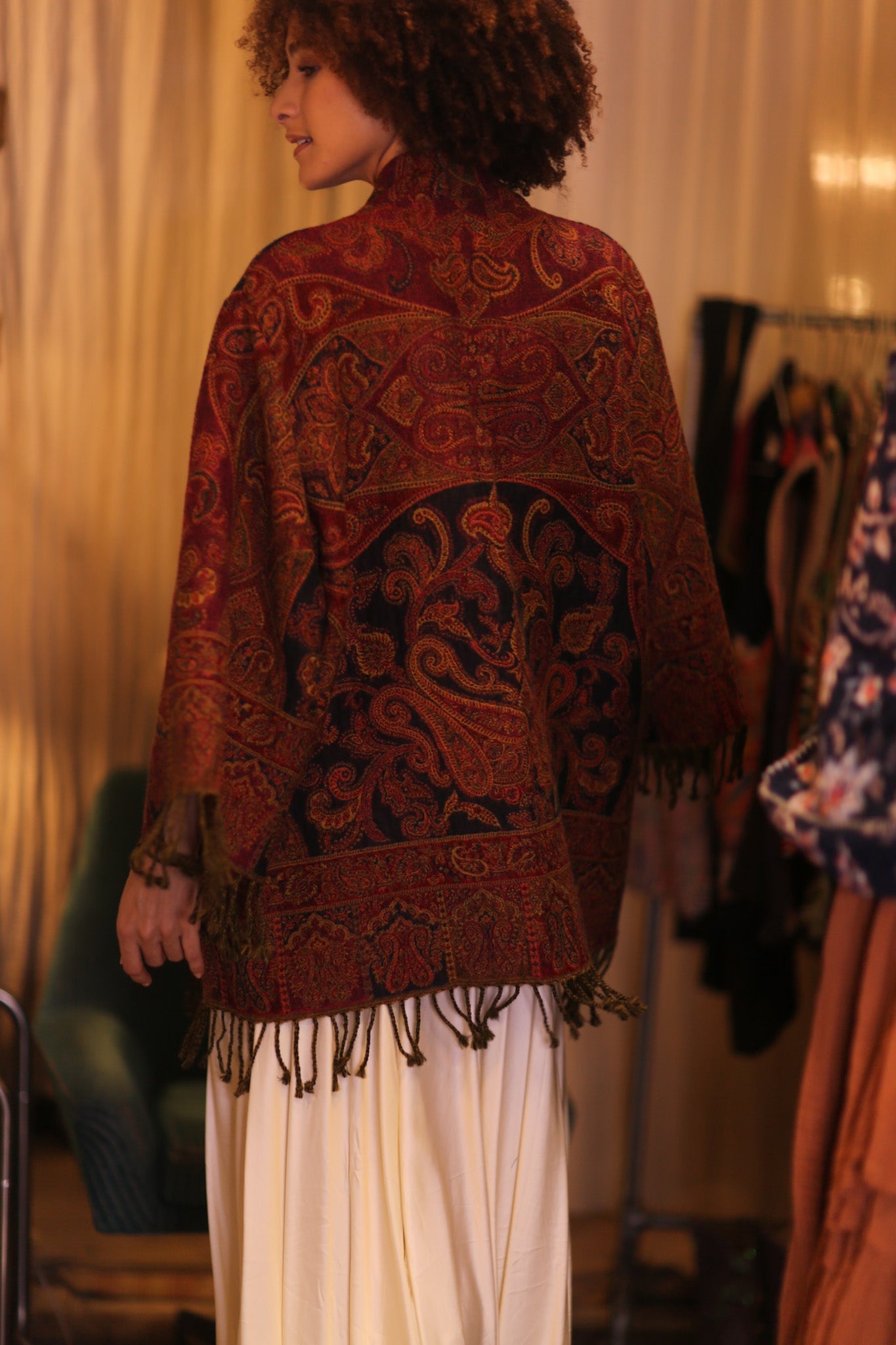 CONE PATTERNED EMBROIDERED COTTON WOOL SHAWL KIMONO NANCY - BANGKOK TAILOR CLOTHING STORE - HANDMADE CLOTHING