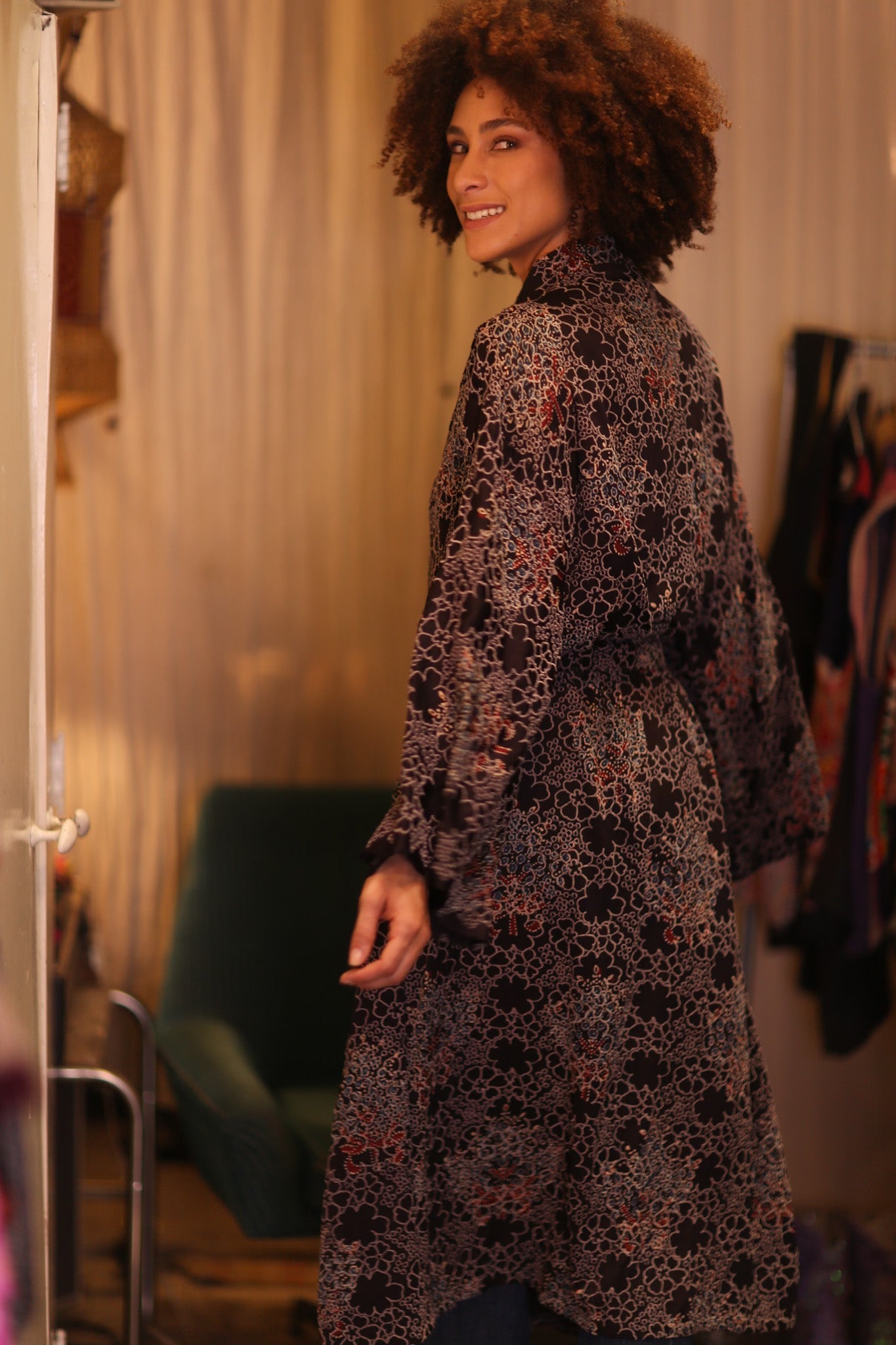 COTTON LACE LONG KIMONO WITH BELT AMAY - BANGKOK TAILOR CLOTHING STORE - HANDMADE CLOTHING
