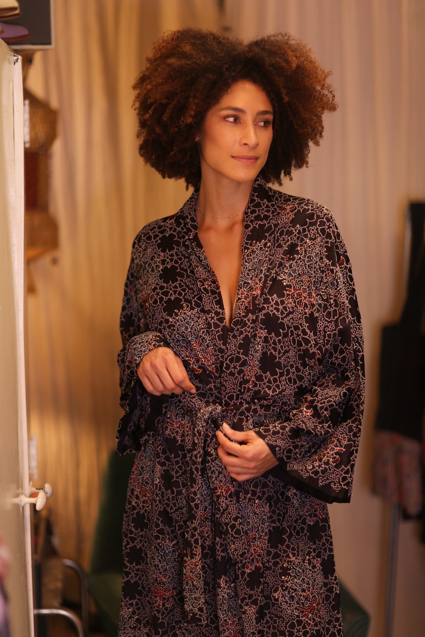 COTTON LACE LONG KIMONO WITH BELT AMAY - BANGKOK TAILOR CLOTHING STORE - HANDMADE CLOTHING