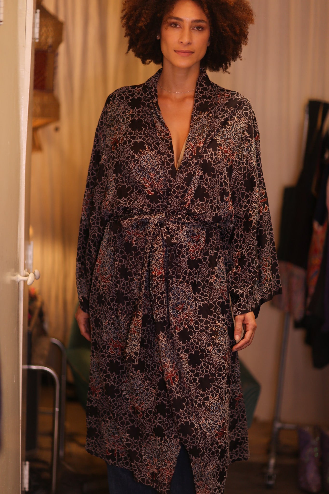 COTTON LACE LONG KIMONO WITH BELT AMAY - BANGKOK TAILOR CLOTHING STORE - HANDMADE CLOTHING