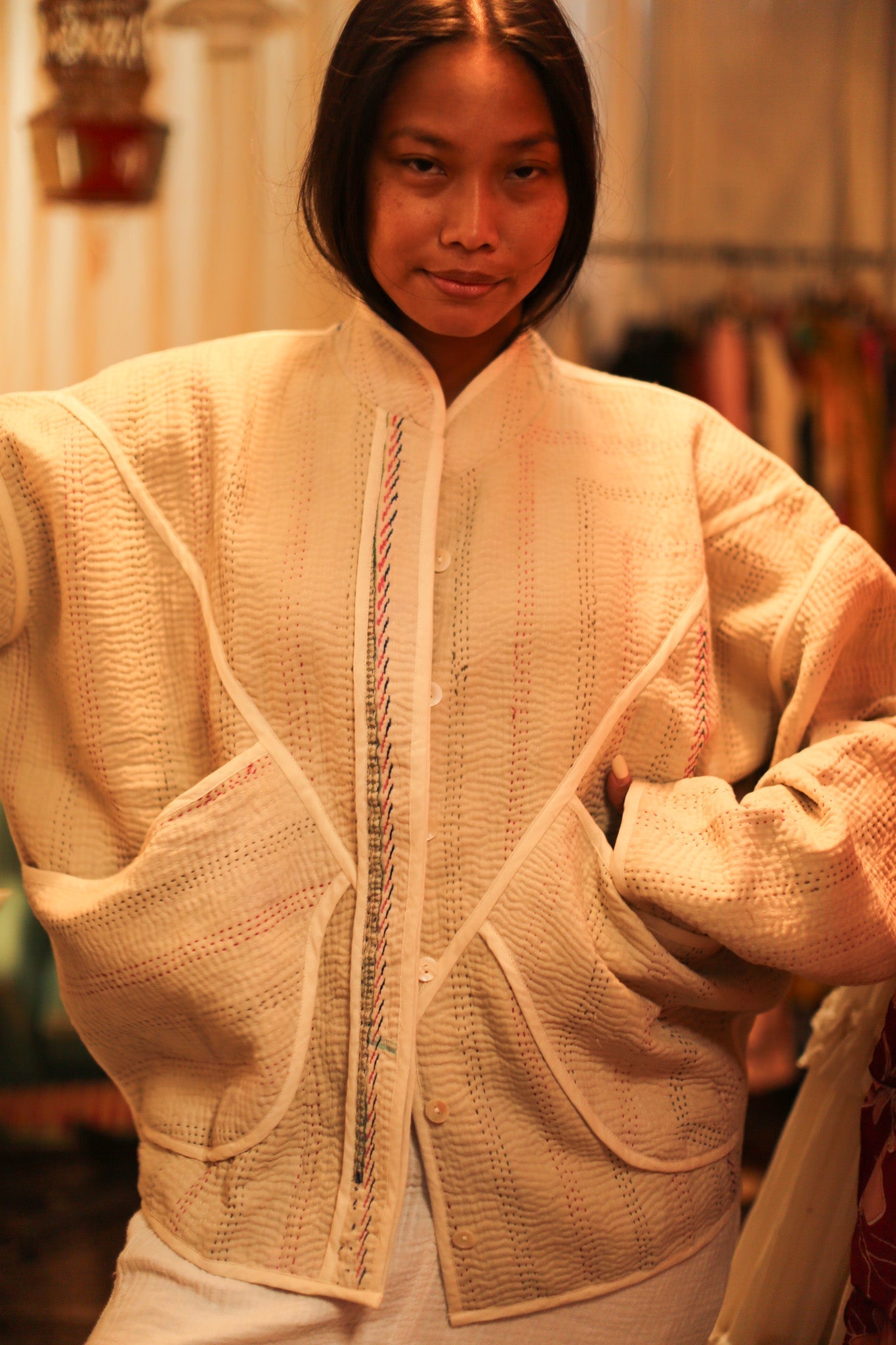 CREAM COLOR KANTHA JACKET MINTA - BANGKOK TAILOR CLOTHING STORE - HANDMADE CLOTHING