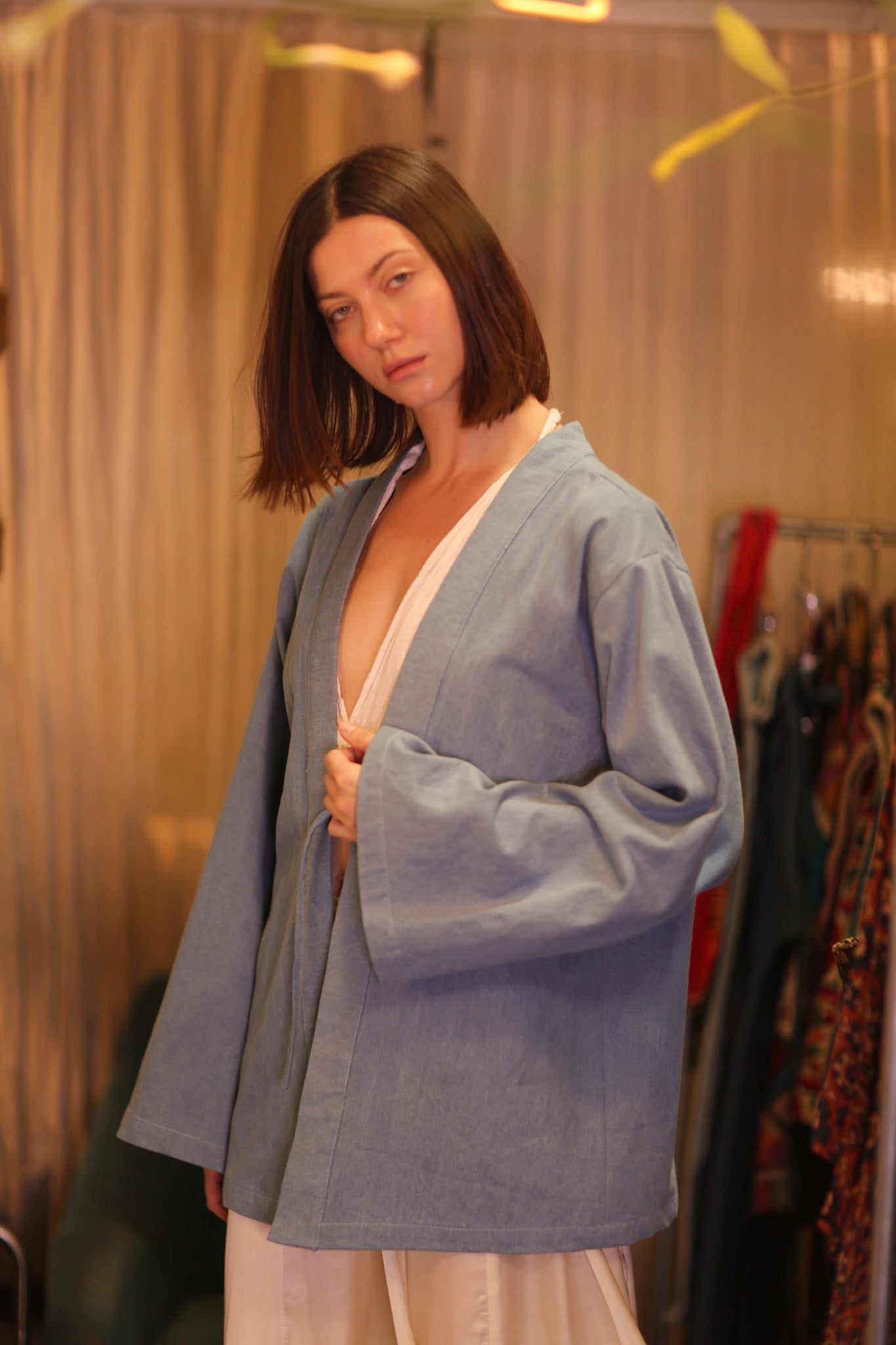 DENIM SHORT KIMONO JUENTRA LIGHTBLUE - BANGKOK TAILOR CLOTHING STORE - HANDMADE CLOTHING