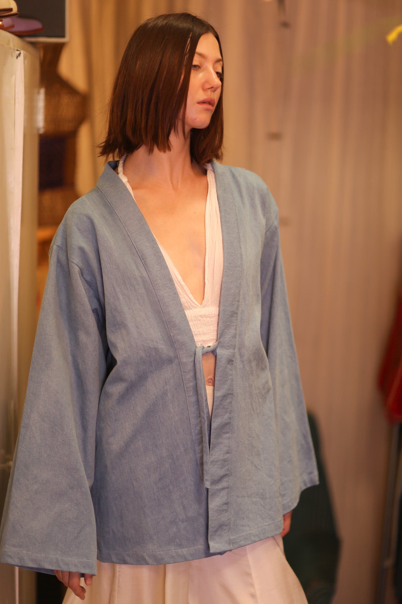 DENIM SHORT KIMONO JUENTRA LIGHTBLUE - BANGKOK TAILOR CLOTHING STORE - HANDMADE CLOTHING