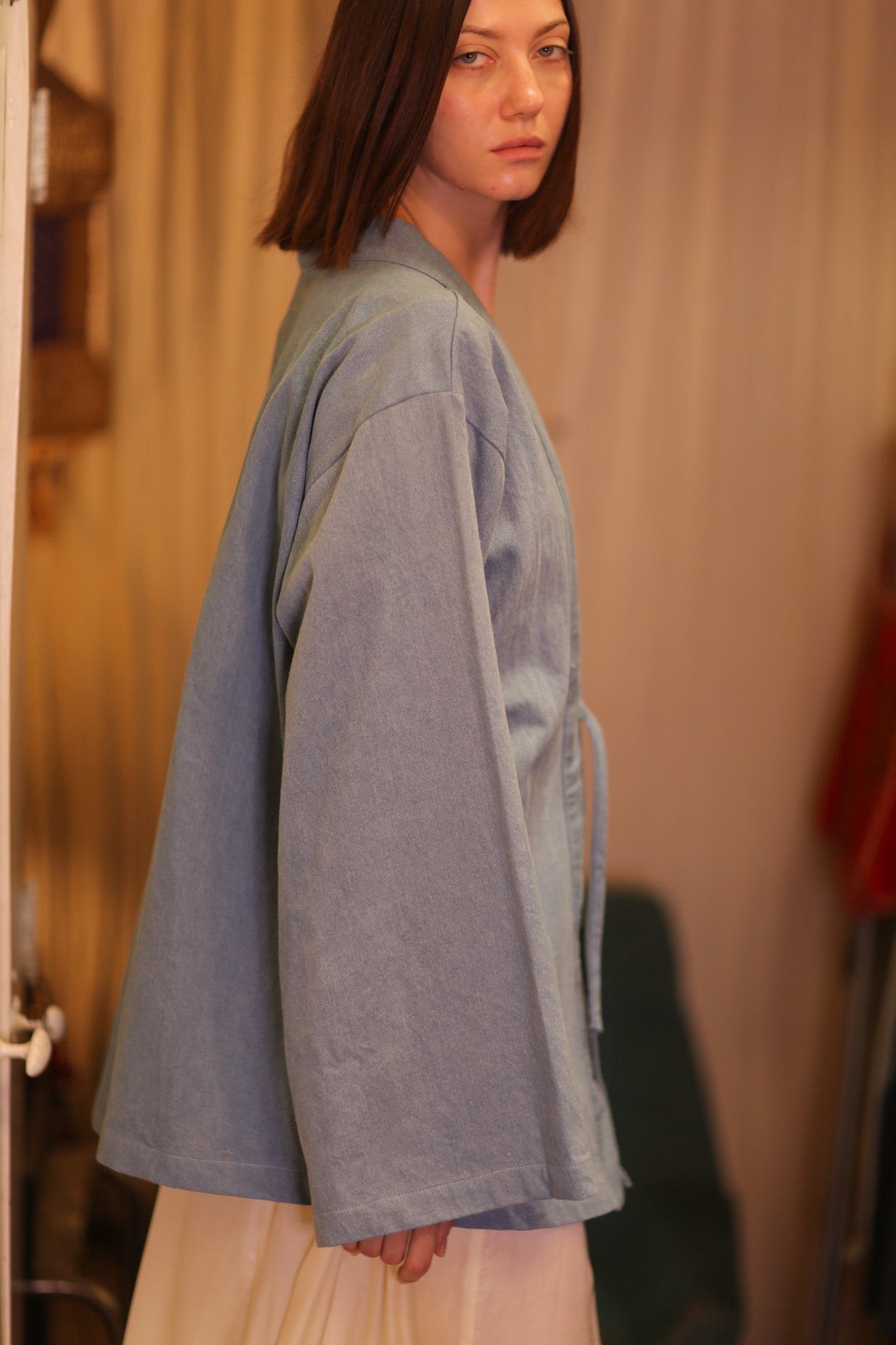 DENIM SHORT KIMONO JUENTRA LIGHTBLUE - BANGKOK TAILOR CLOTHING STORE - HANDMADE CLOTHING