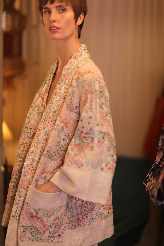 EMBROIDERED COTTON SHORT KIMONO PETALS - BANGKOK TAILOR CLOTHING STORE - HANDMADE CLOTHING