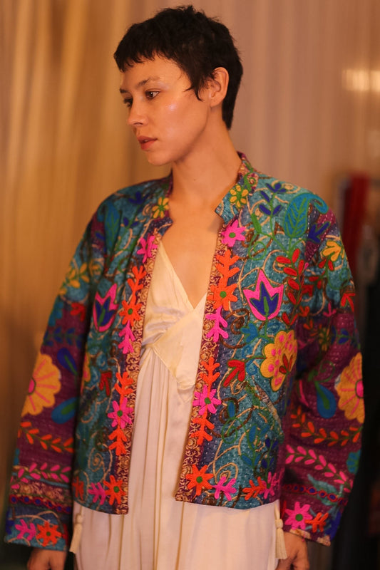 EMBROIDERED KANTHA SHORT COAT INGRID KOKSI - BANGKOK TAILOR CLOTHING STORE - HANDMADE CLOTHING