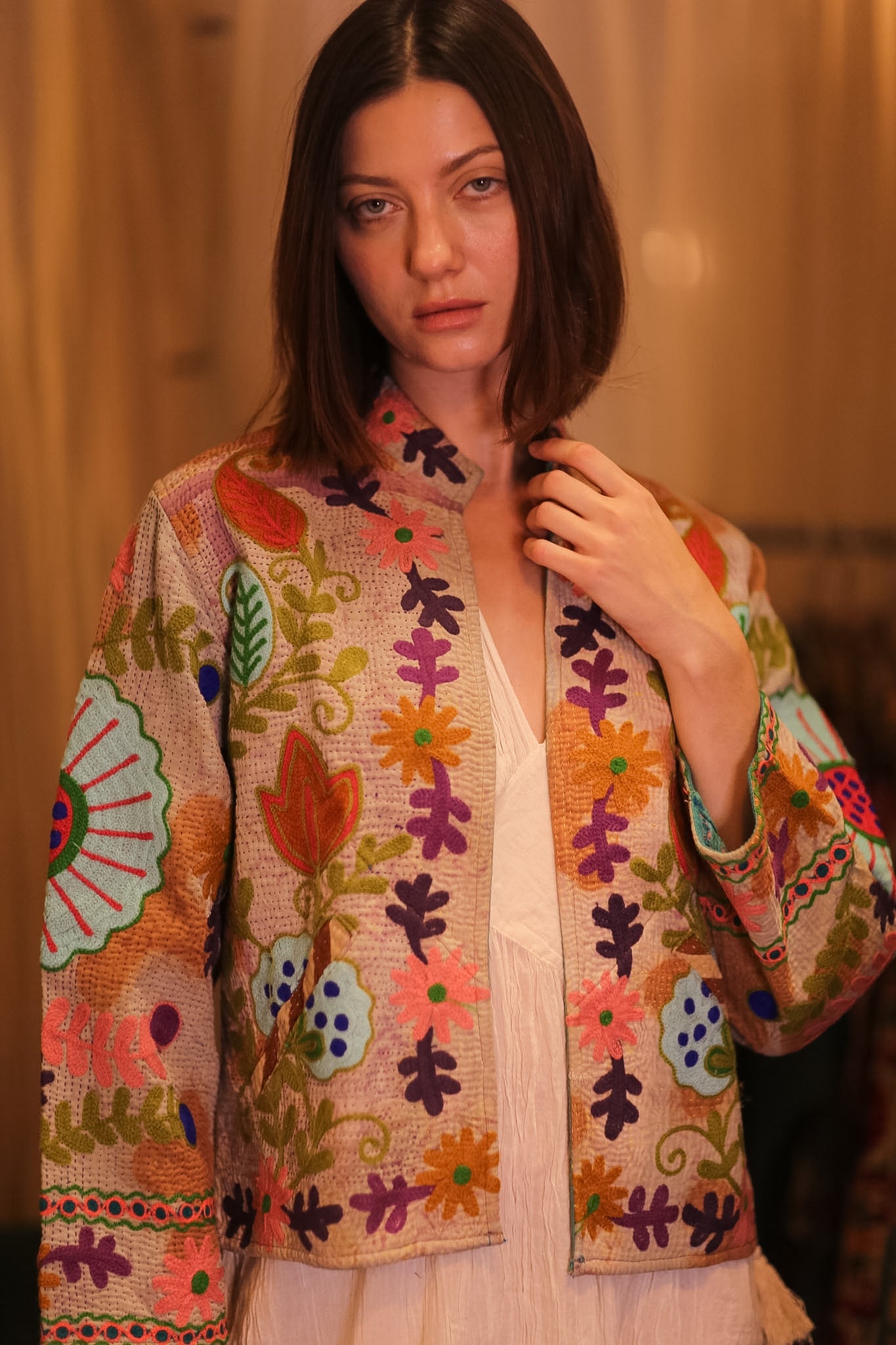 EMBROIDERED KANTHA SHORT JACKET INGRID KYARPAN - BANGKOK TAILOR CLOTHING STORE - HANDMADE CLOTHING