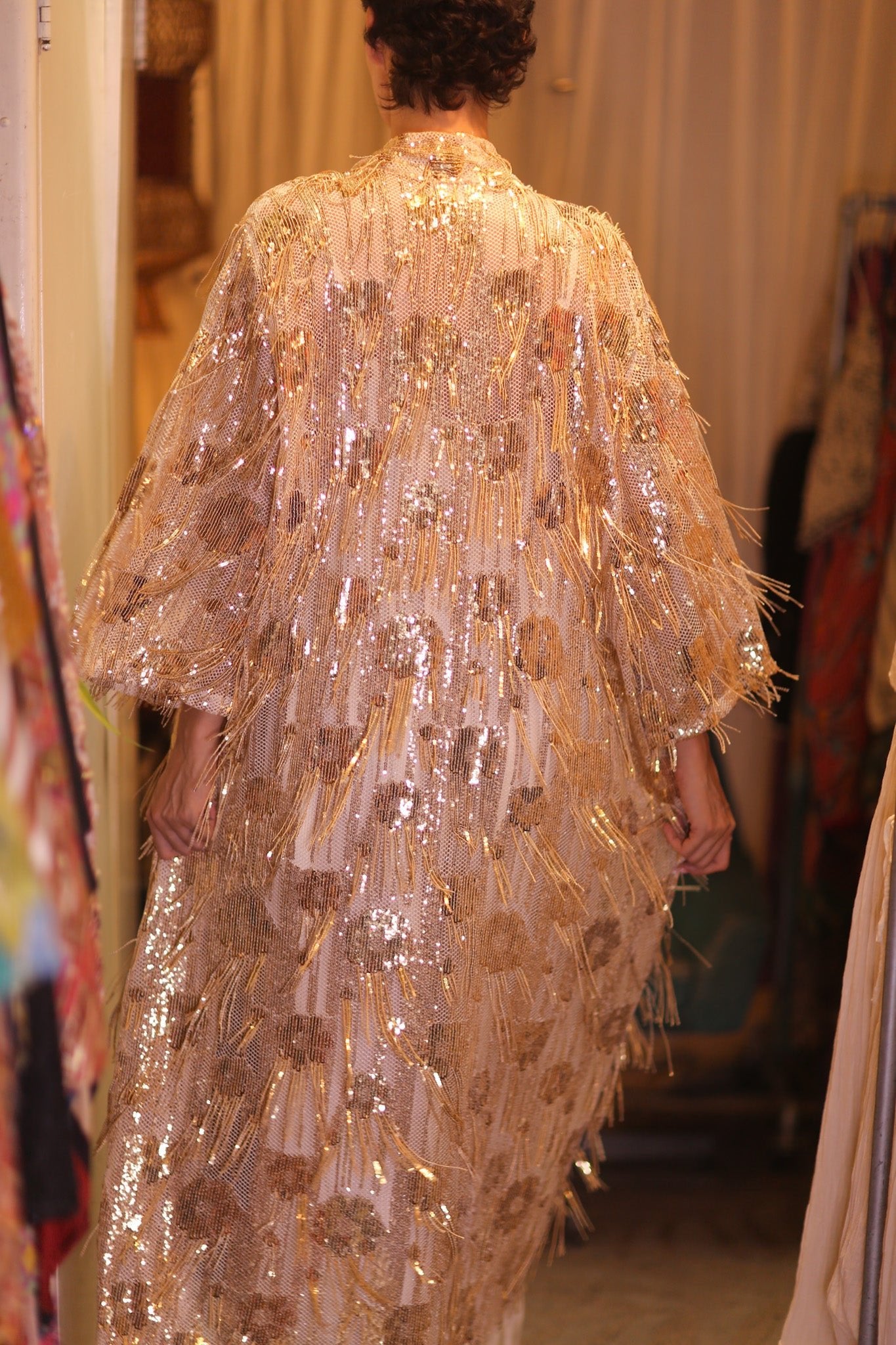 EMBROIDERED LONG FRINGE KIMONO GOLDEN - BANGKOK TAILOR CLOTHING STORE - HANDMADE CLOTHING