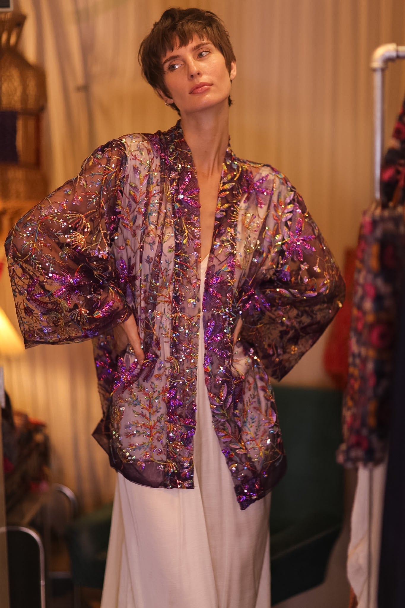 EMBROIDERED SHORT KIMONO PURPLE - BANGKOK TAILOR CLOTHING STORE - HANDMADE CLOTHING