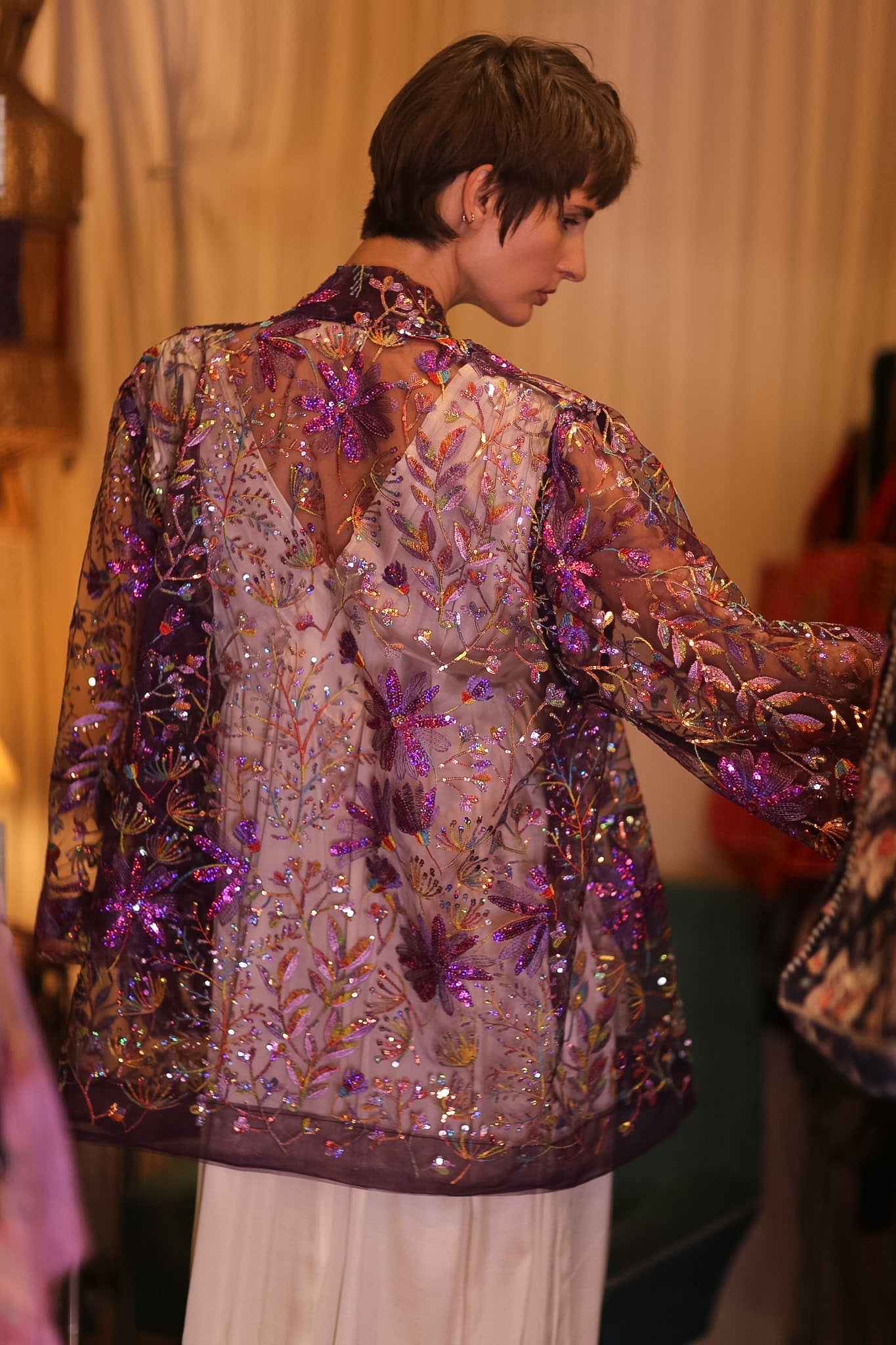 EMBROIDERED SHORT KIMONO PURPLE - BANGKOK TAILOR CLOTHING STORE - HANDMADE CLOTHING
