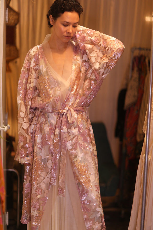 EMBROIDERED SILK LONG KIMONO ATOM - BANGKOK TAILOR CLOTHING STORE - HANDMADE CLOTHING