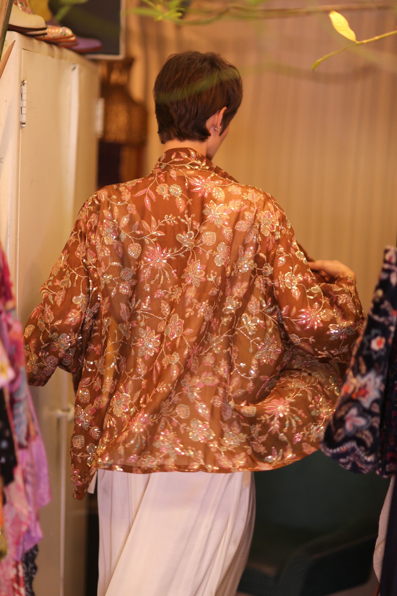 EMBROIDERED SILK SHORT KIMONO SIENNA - BANGKOK TAILOR CLOTHING STORE - HANDMADE CLOTHING