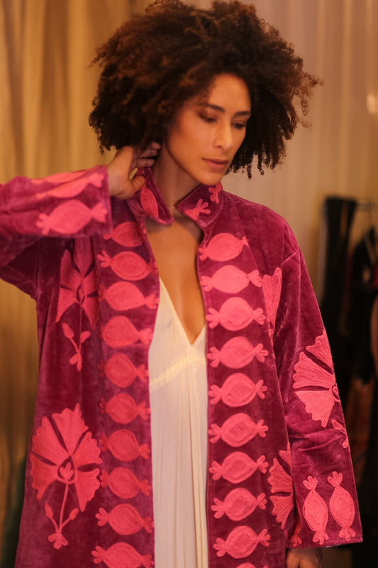 EMBROIDERED VELVET LONG COAT EMI - BANGKOK TAILOR CLOTHING STORE - HANDMADE CLOTHING