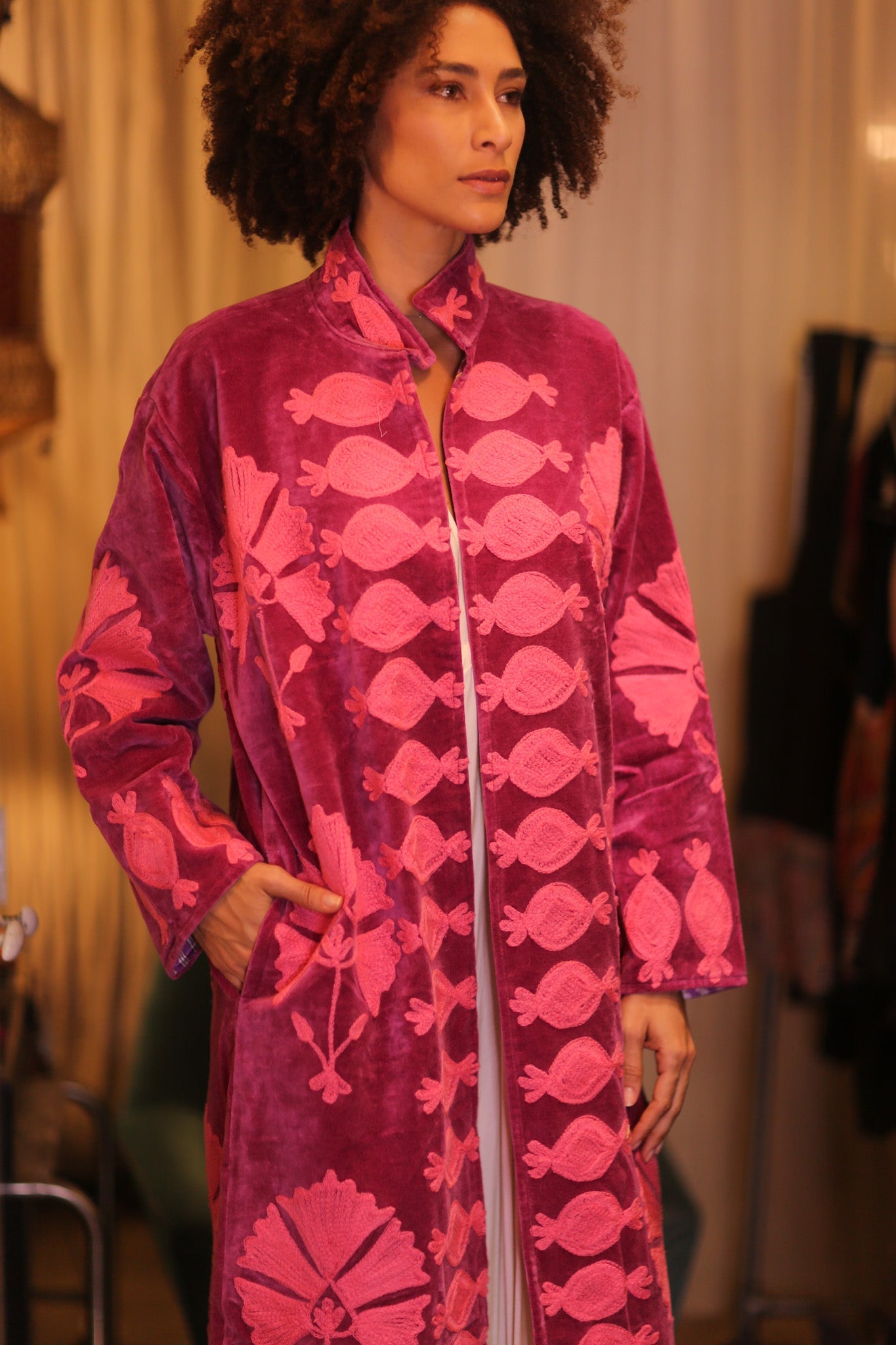 EMBROIDERED VELVET LONG COAT EMI - BANGKOK TAILOR CLOTHING STORE - HANDMADE CLOTHING