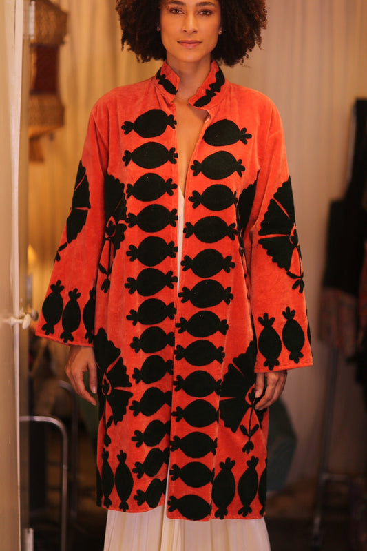 EMBROIDERED VELVET LONG COAT HONEY - BANGKOK TAILOR CLOTHING STORE - HANDMADE CLOTHING