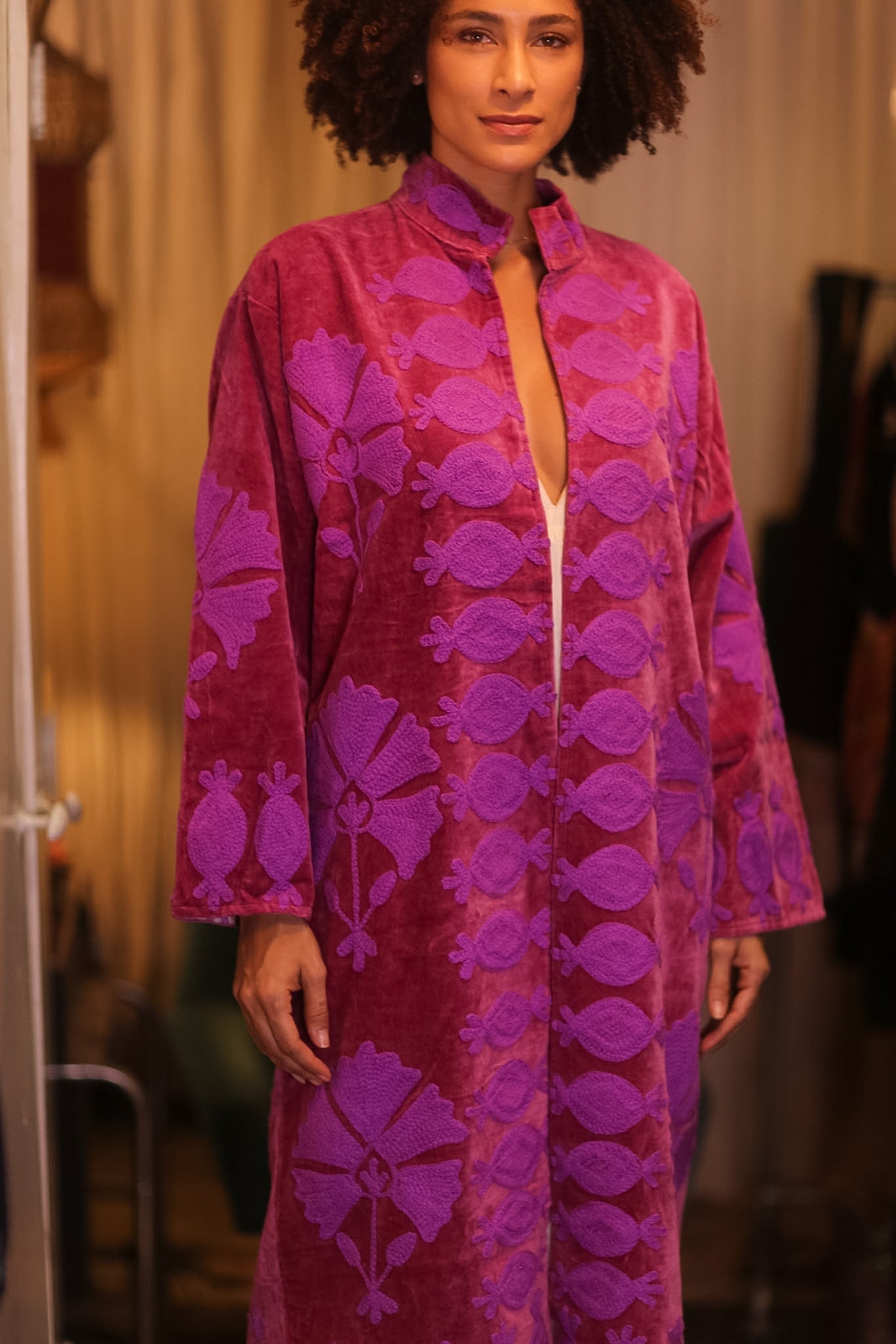 EMBROIDERED VELVET LONG COAT MAYA - BANGKOK TAILOR CLOTHING STORE - HANDMADE CLOTHING