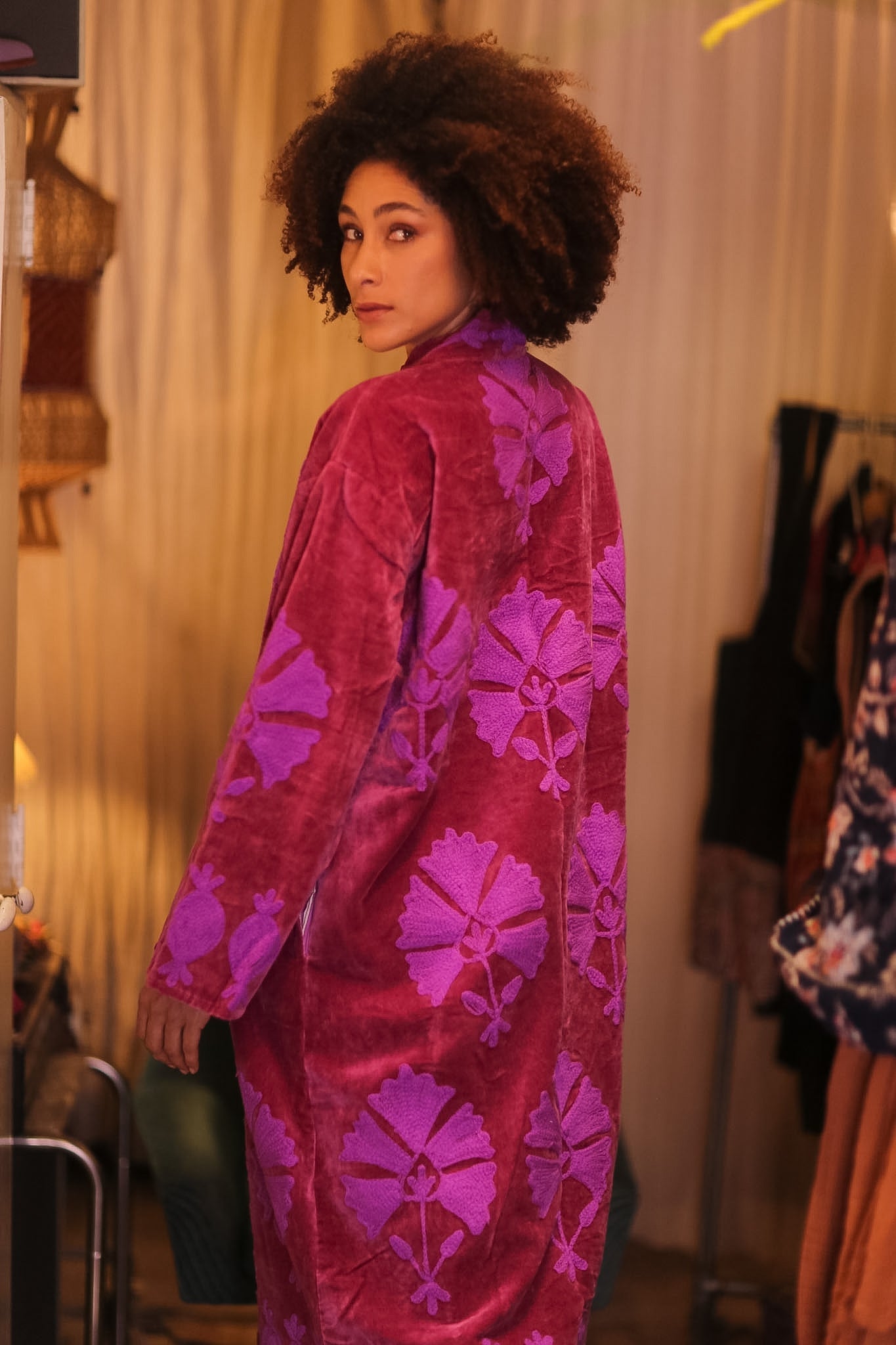 EMBROIDERED VELVET LONG COAT MAYA - BANGKOK TAILOR CLOTHING STORE - HANDMADE CLOTHING