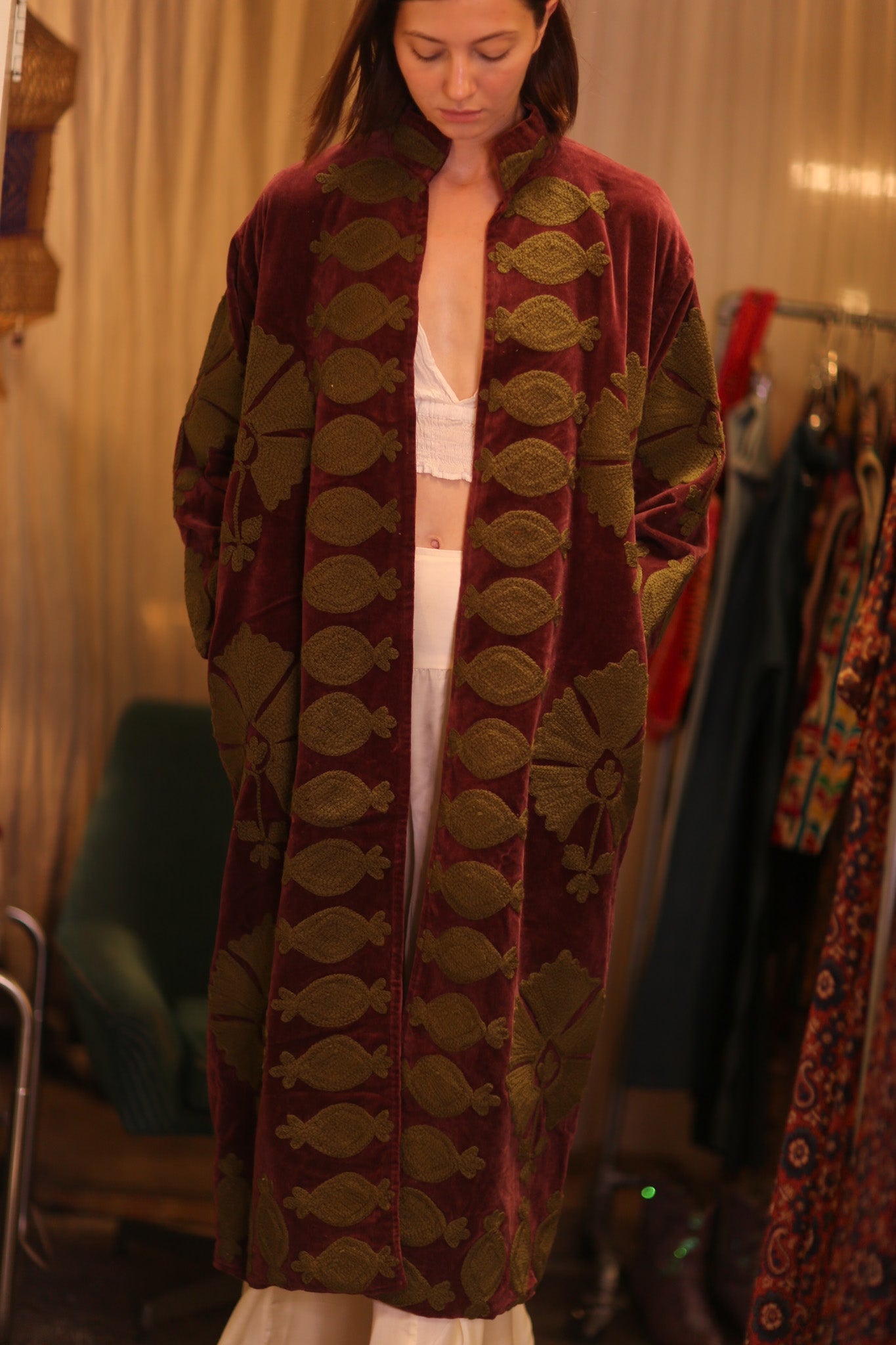 EMBROIDERED VELVET LONG COAT MISCHKA KHAING - BANGKOK TAILOR CLOTHING STORE - HANDMADE CLOTHING