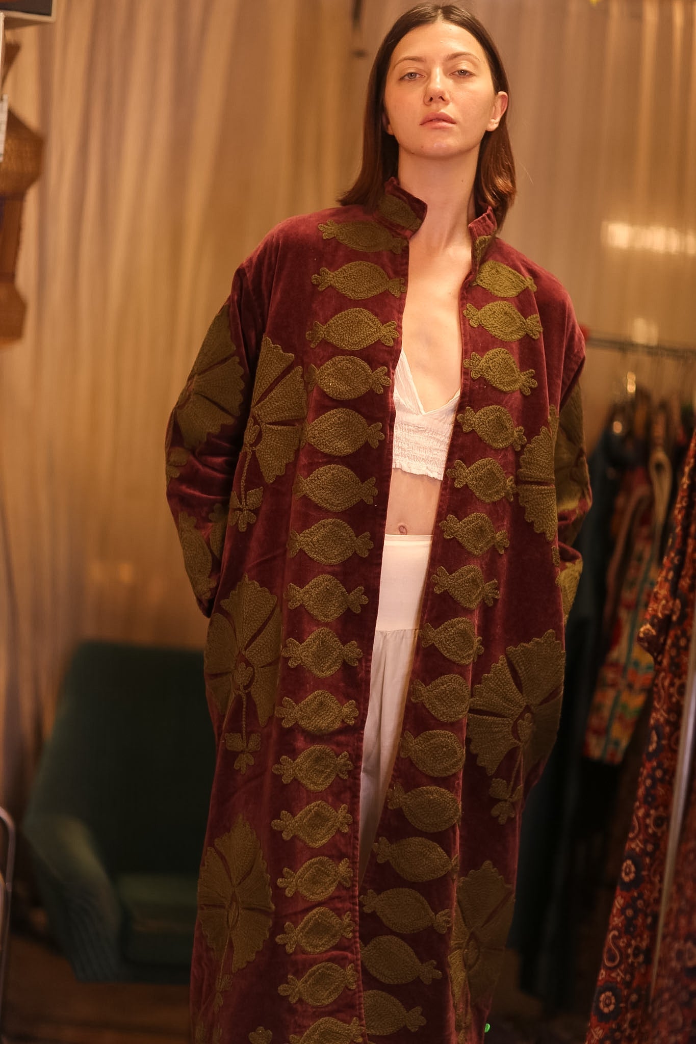 EMBROIDERED VELVET LONG COAT MISCHKA KHAING - BANGKOK TAILOR CLOTHING STORE - HANDMADE CLOTHING