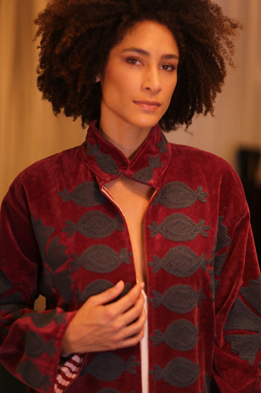 EMBROIDERED VELVET LONG COAT NFAI - BANGKOK TAILOR CLOTHING STORE - HANDMADE CLOTHING