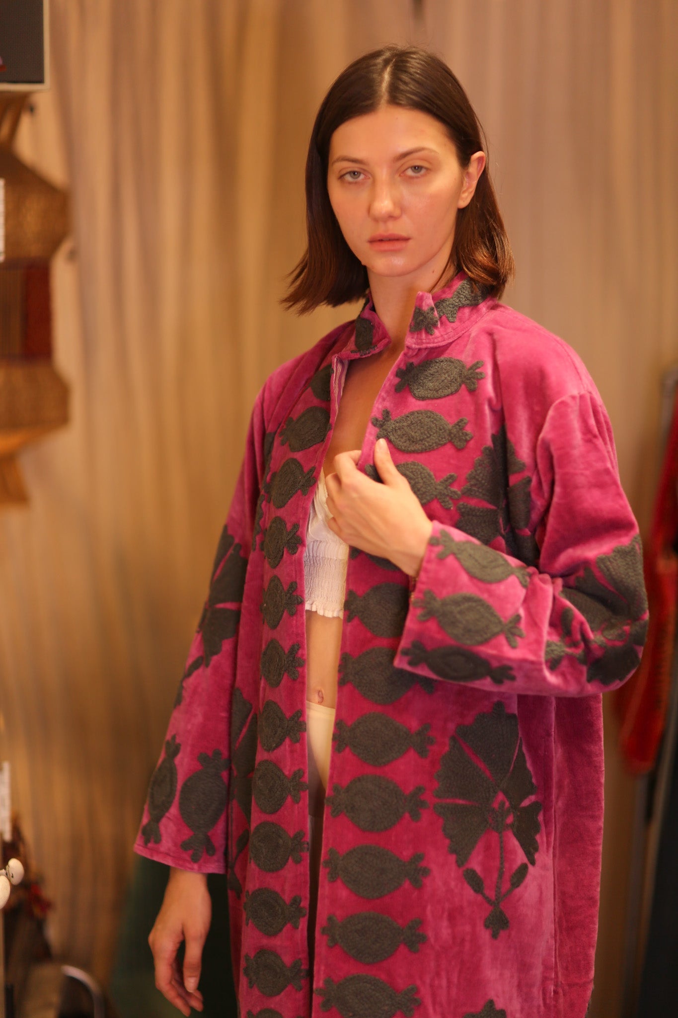 EMBROIDERED VELVET LONG COAT PEONY - BANGKOK TAILOR CLOTHING STORE - HANDMADE CLOTHING