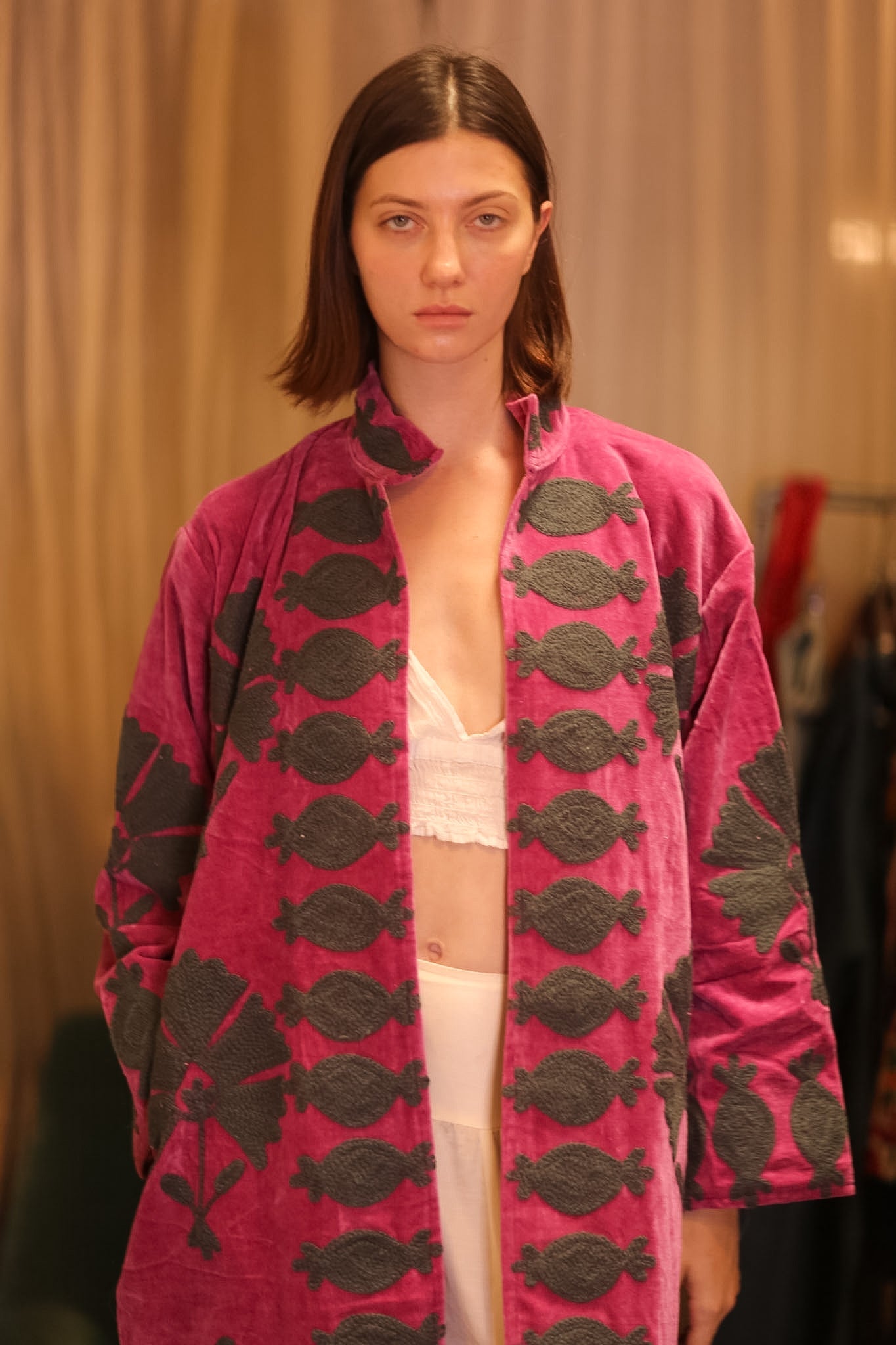 EMBROIDERED VELVET LONG COAT PEONY - BANGKOK TAILOR CLOTHING STORE - HANDMADE CLOTHING