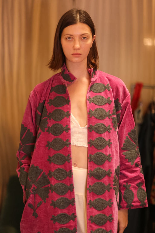 EMBROIDERED VELVET LONG COAT PEONY - BANGKOK TAILOR CLOTHING STORE - HANDMADE CLOTHING