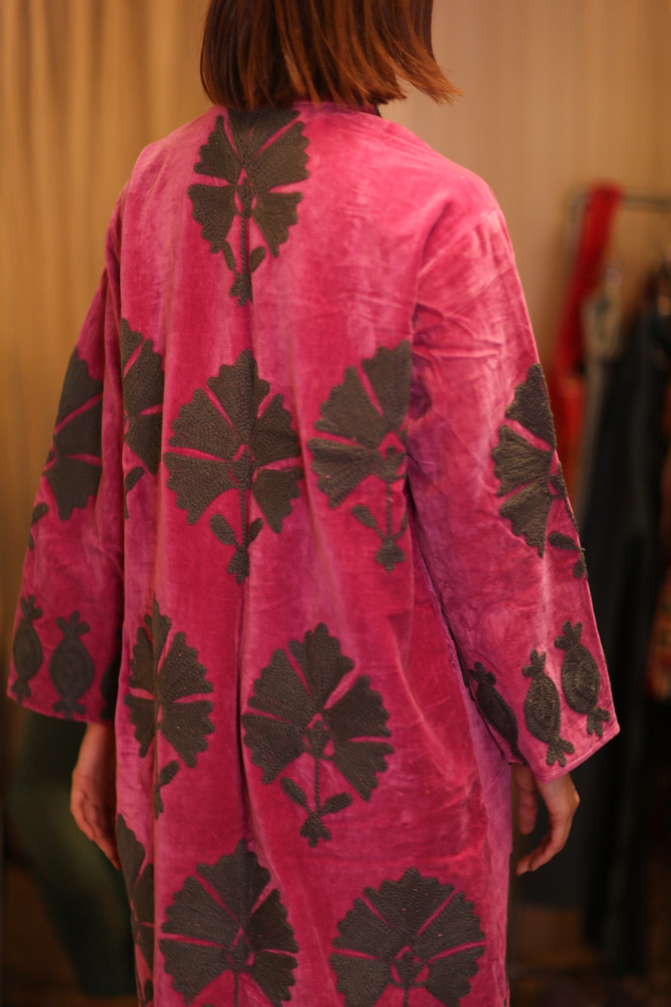 EMBROIDERED VELVET LONG COAT PEONY - BANGKOK TAILOR CLOTHING STORE - HANDMADE CLOTHING