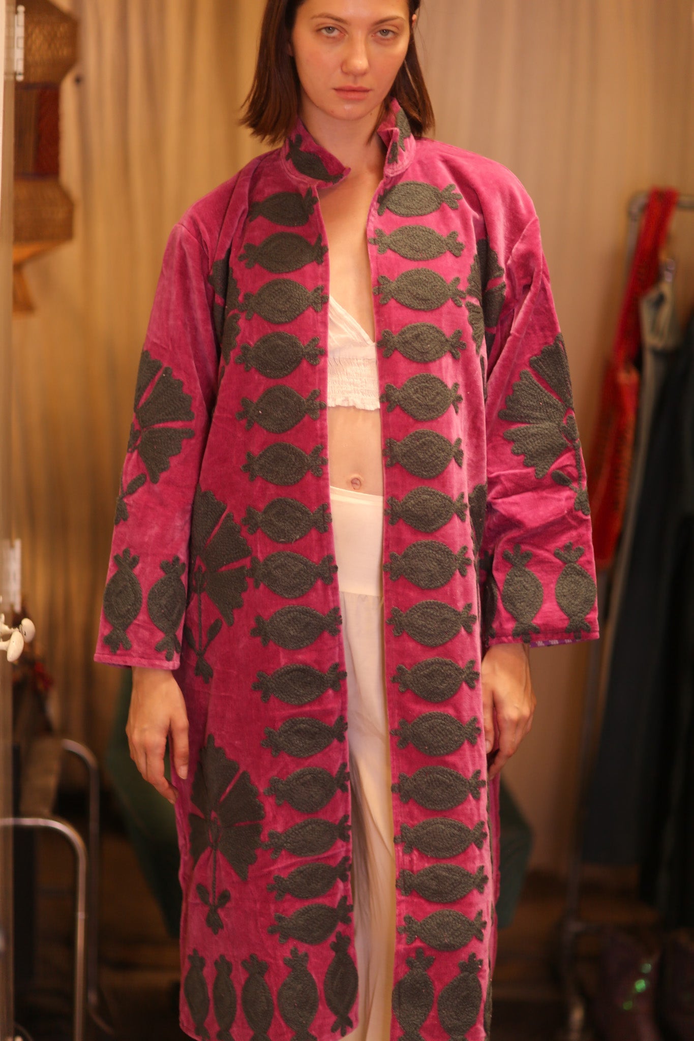 EMBROIDERED VELVET LONG COAT PEONY - BANGKOK TAILOR CLOTHING STORE - HANDMADE CLOTHING