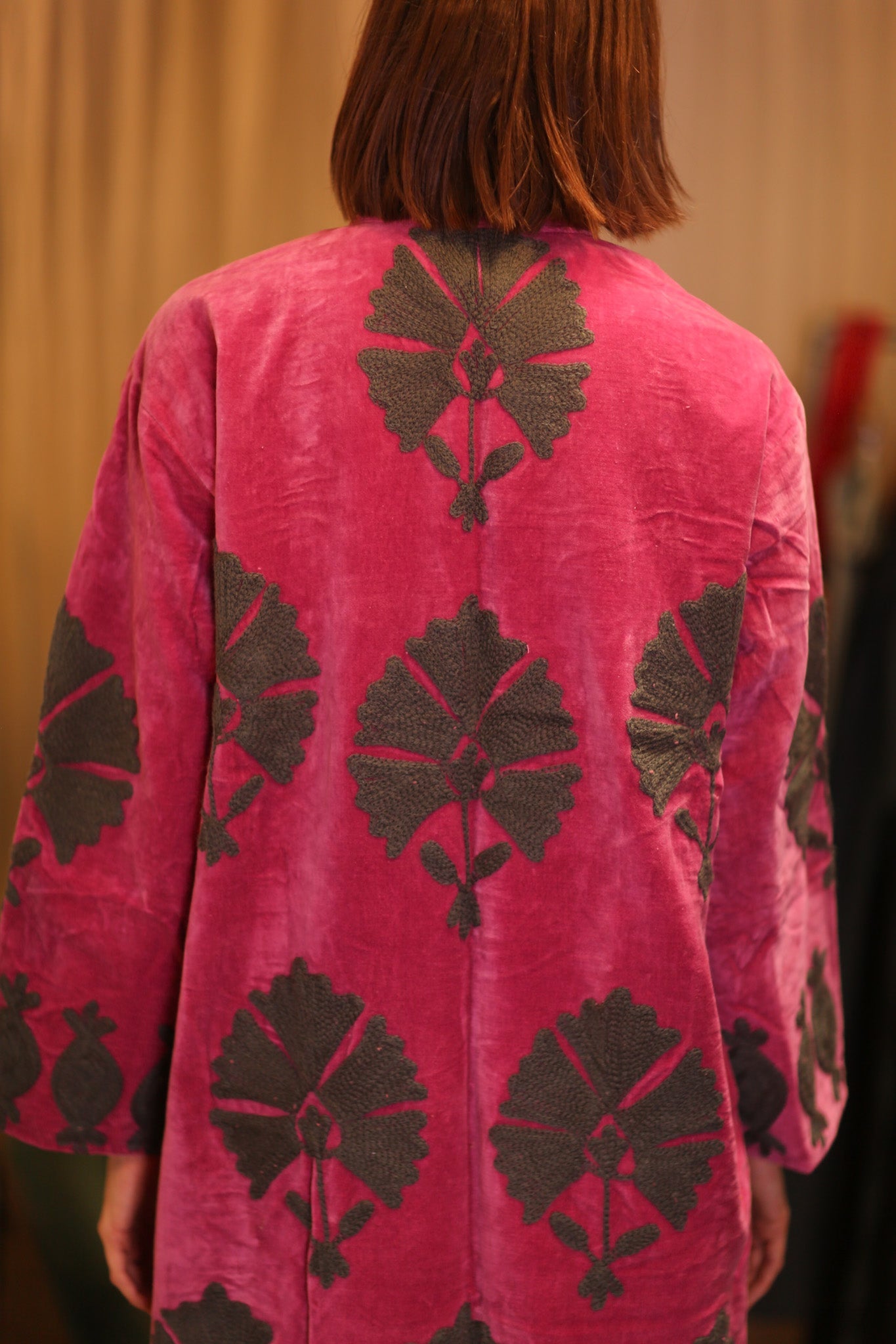 EMBROIDERED VELVET LONG COAT PEONY - BANGKOK TAILOR CLOTHING STORE - HANDMADE CLOTHING