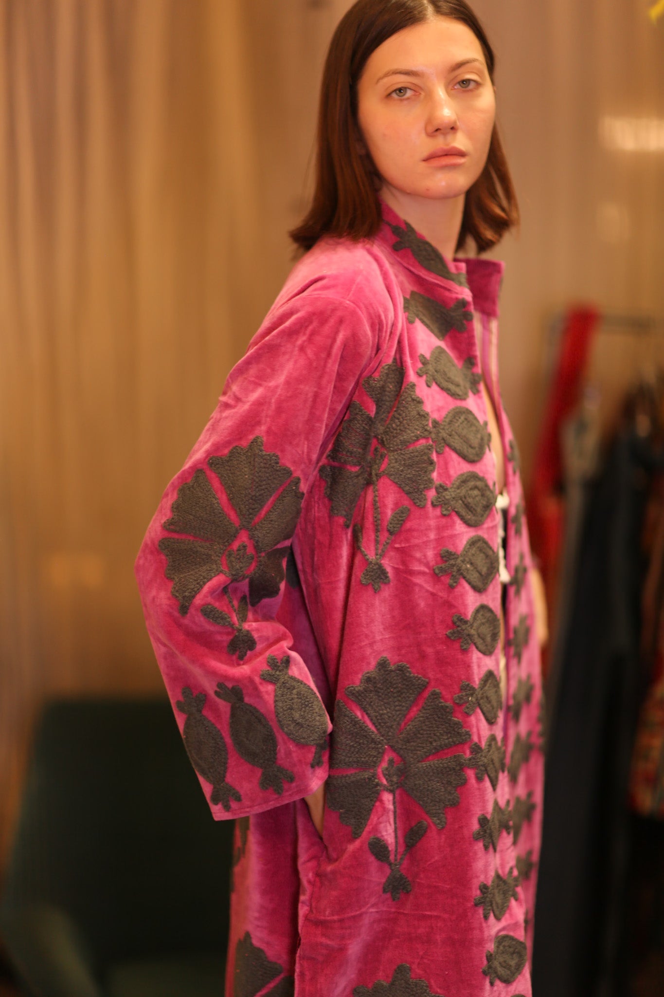 EMBROIDERED VELVET LONG COAT PEONY - BANGKOK TAILOR CLOTHING STORE - HANDMADE CLOTHING