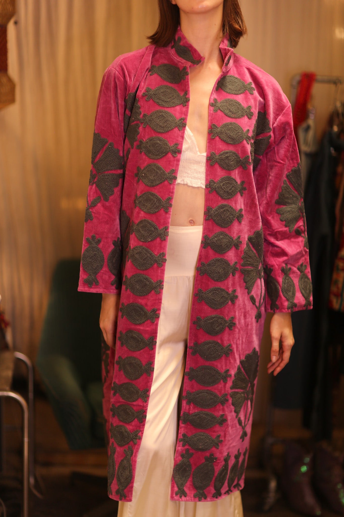 EMBROIDERED VELVET LONG COAT PEONY - BANGKOK TAILOR CLOTHING STORE - HANDMADE CLOTHING
