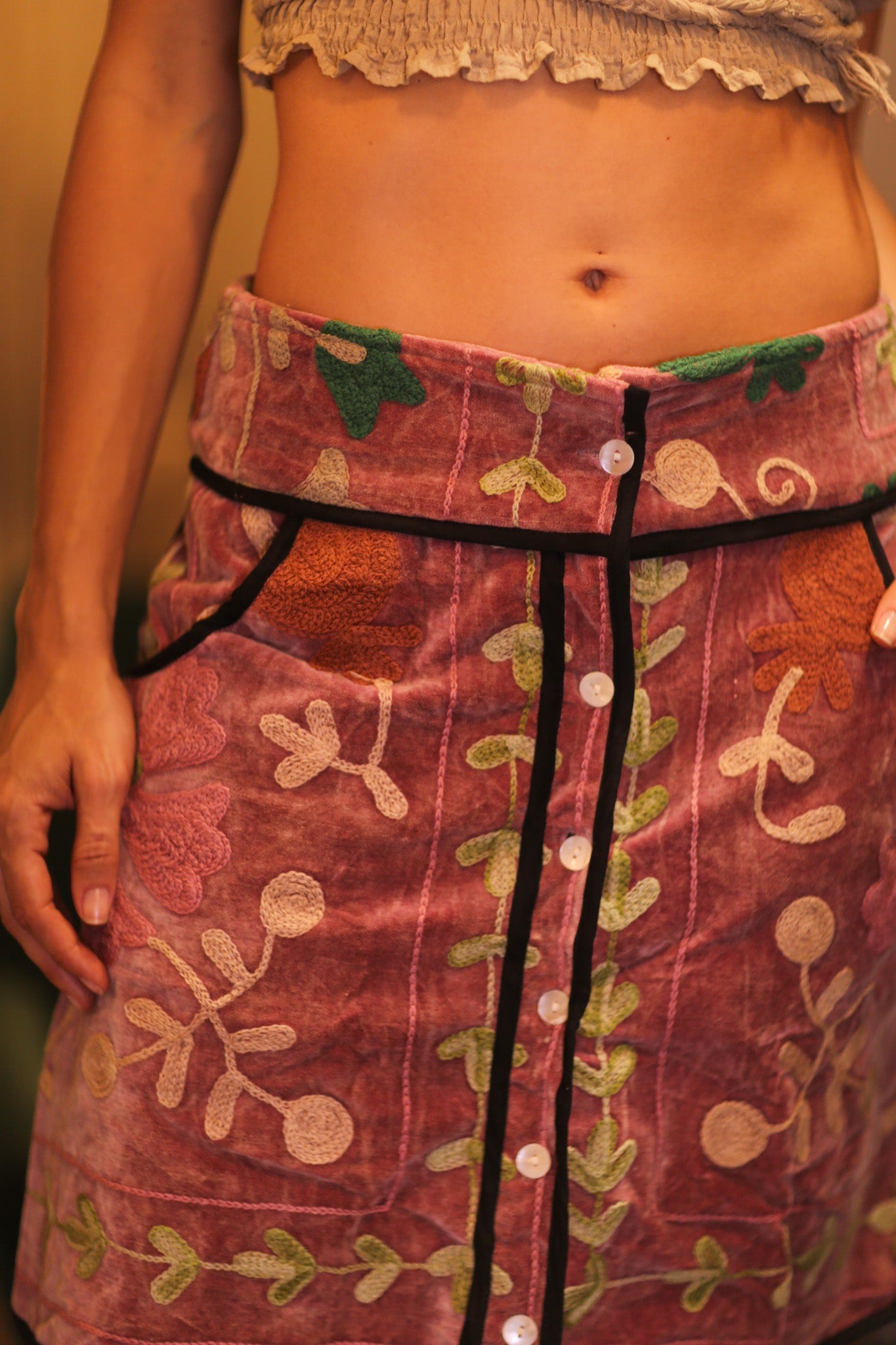 EMBROIDERED VELVET MINI SKIRT FLORAL VINES PINKY - BANGKOK TAILOR CLOTHING STORE - HANDMADE CLOTHING