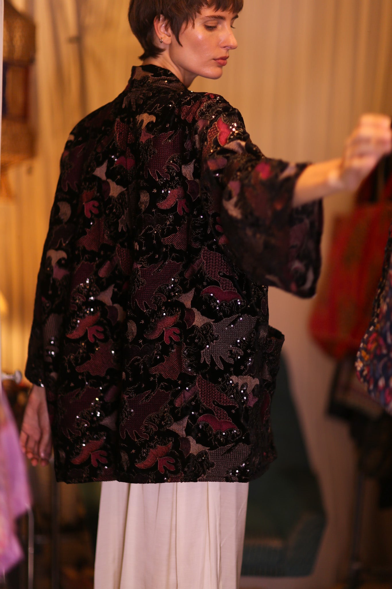EMBROIDERED VELVET SHORT KIMONO MAPLES - BANGKOK TAILOR CLOTHING STORE - HANDMADE CLOTHING