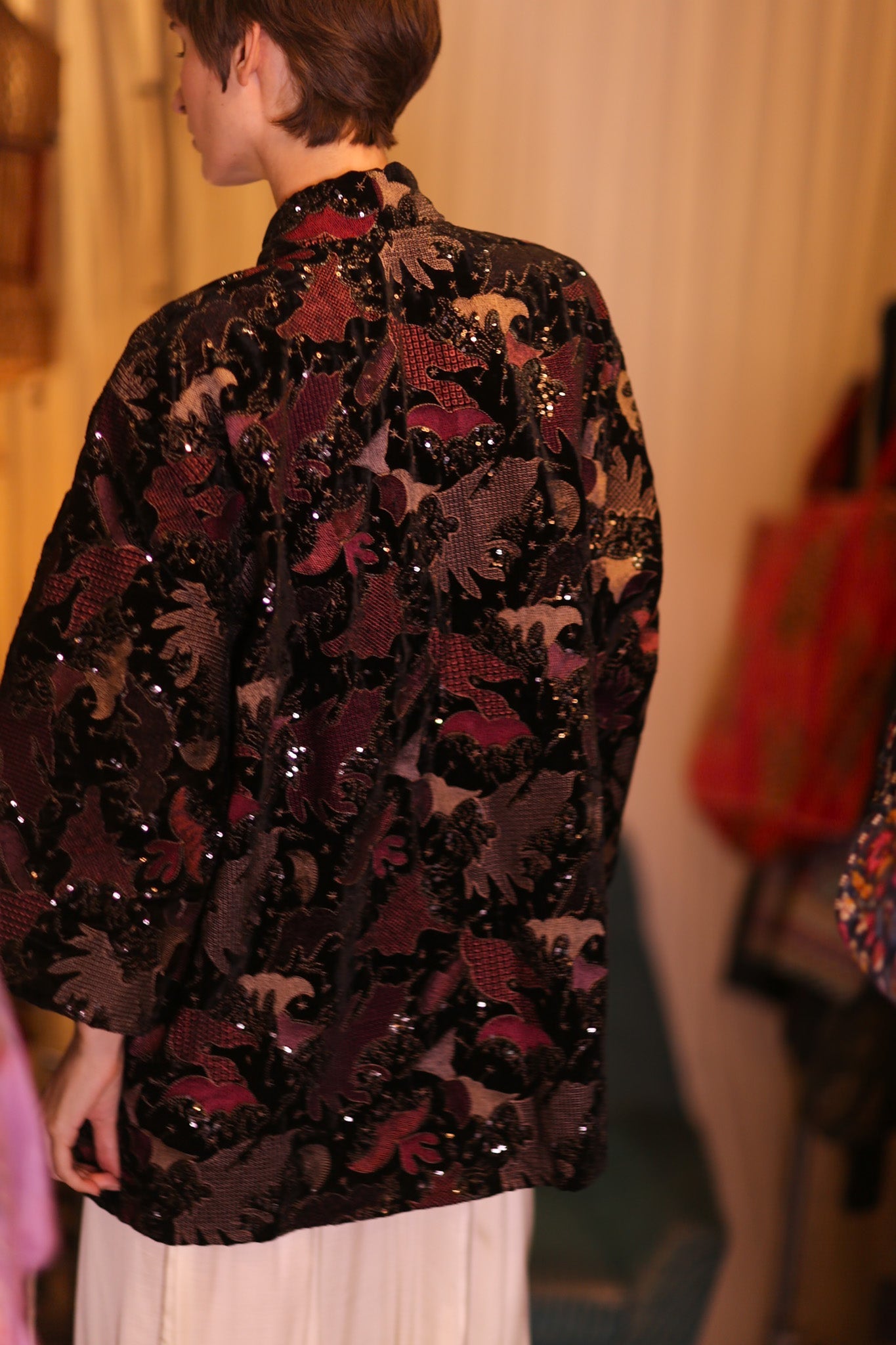 EMBROIDERED VELVET SHORT KIMONO MAPLES - BANGKOK TAILOR CLOTHING STORE - HANDMADE CLOTHING