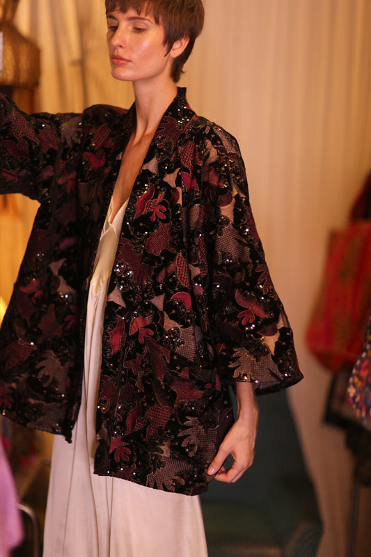 EMBROIDERED VELVET SHORT KIMONO MAPLES - BANGKOK TAILOR CLOTHING STORE - HANDMADE CLOTHING