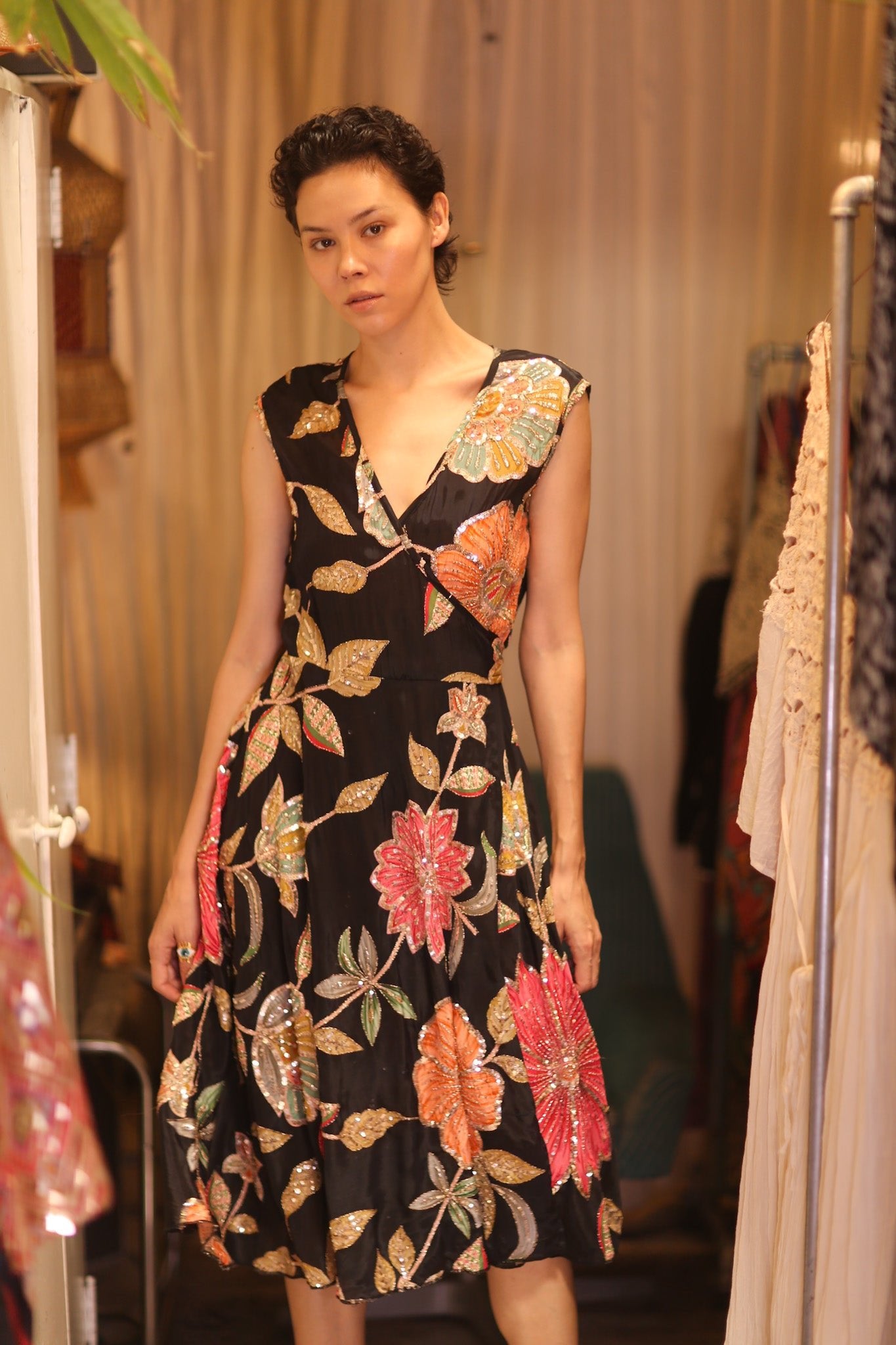 EMBROIDERED WARP SILK DRESS SHONE - BANGKOK TAILOR CLOTHING STORE - HANDMADE CLOTHING