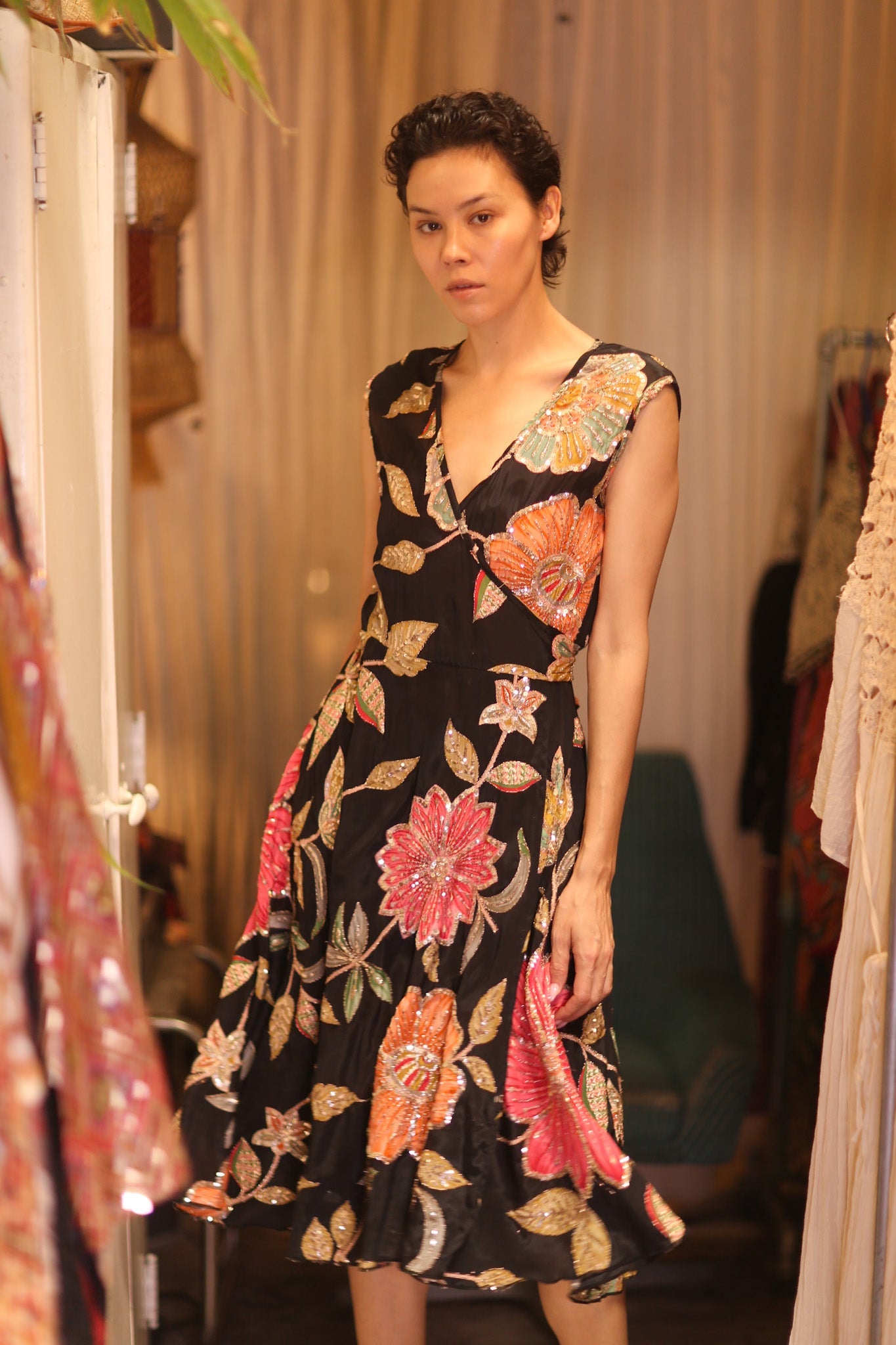 EMBROIDERED WARP SILK DRESS SHONE - BANGKOK TAILOR CLOTHING STORE - HANDMADE CLOTHING