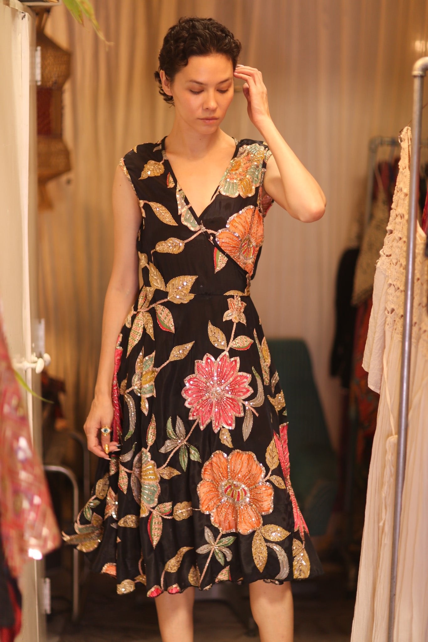 EMBROIDERED WARP SILK DRESS SHONE - BANGKOK TAILOR CLOTHING STORE - HANDMADE CLOTHING