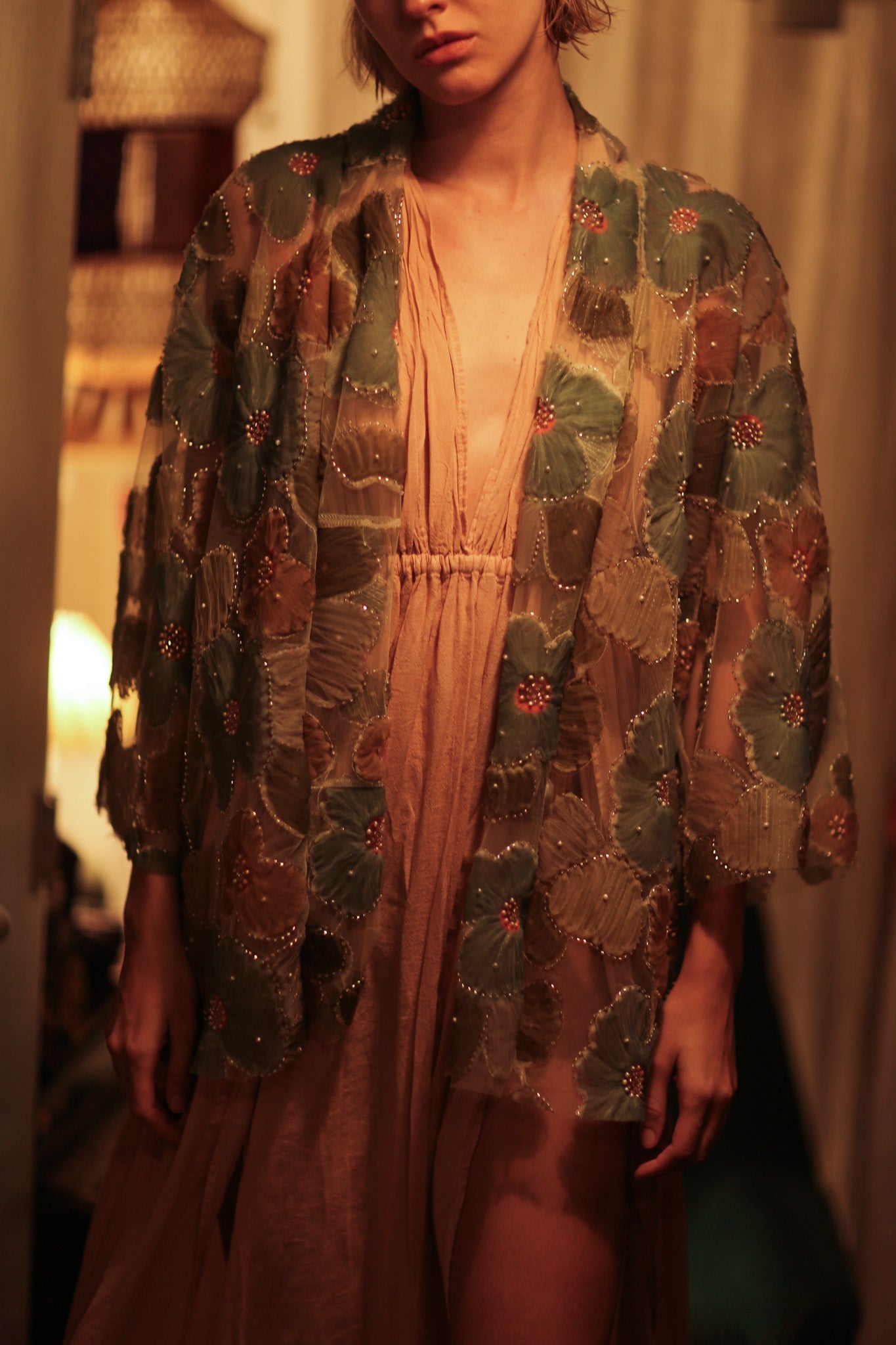 FLO SEQUINED EMBROIDERED SHORT KIMONO BLUE - BANGKOK TAILOR CLOTHING STORE - HANDMADE CLOTHING