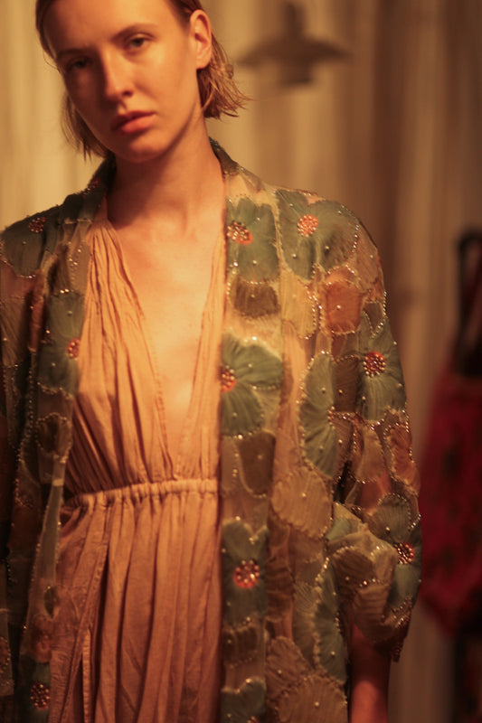 FLO SEQUINED EMBROIDERED SHORT KIMONO BLUE - BANGKOK TAILOR CLOTHING STORE - HANDMADE CLOTHING