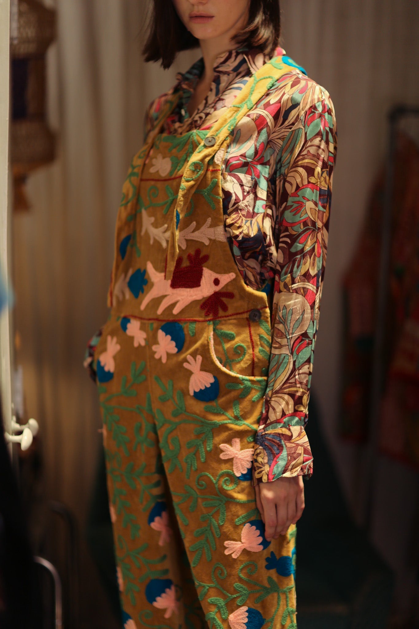 FREYA EMBROIDERED OVERALL MUSTARD - BANGKOK TAILOR CLOTHING STORE - HANDMADE CLOTHING