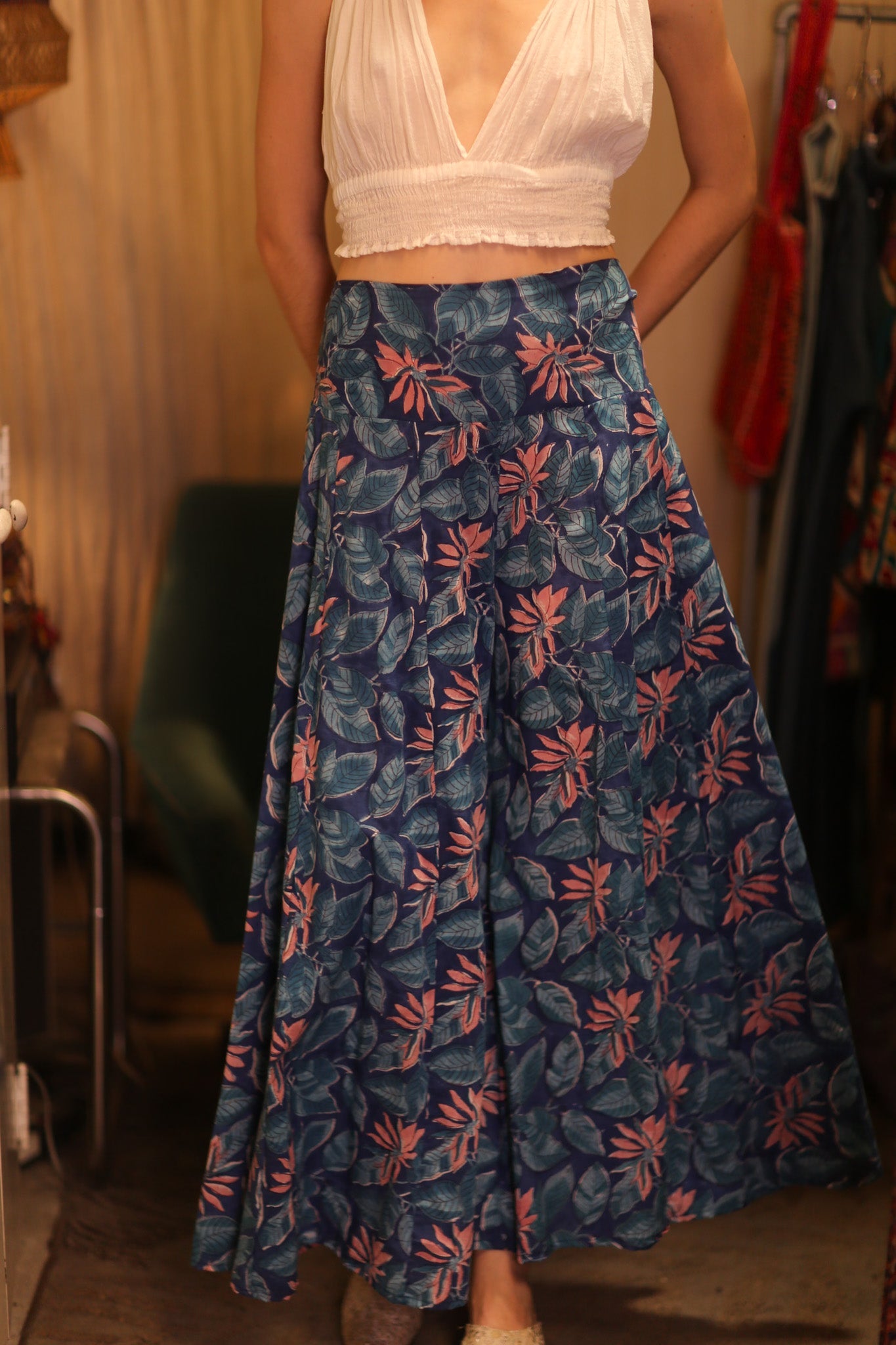 HANDBLOCKED COTTON WIDE LEGS LONG PANTS FORU - BANGKOK TAILOR CLOTHING STORE - HANDMADE CLOTHING