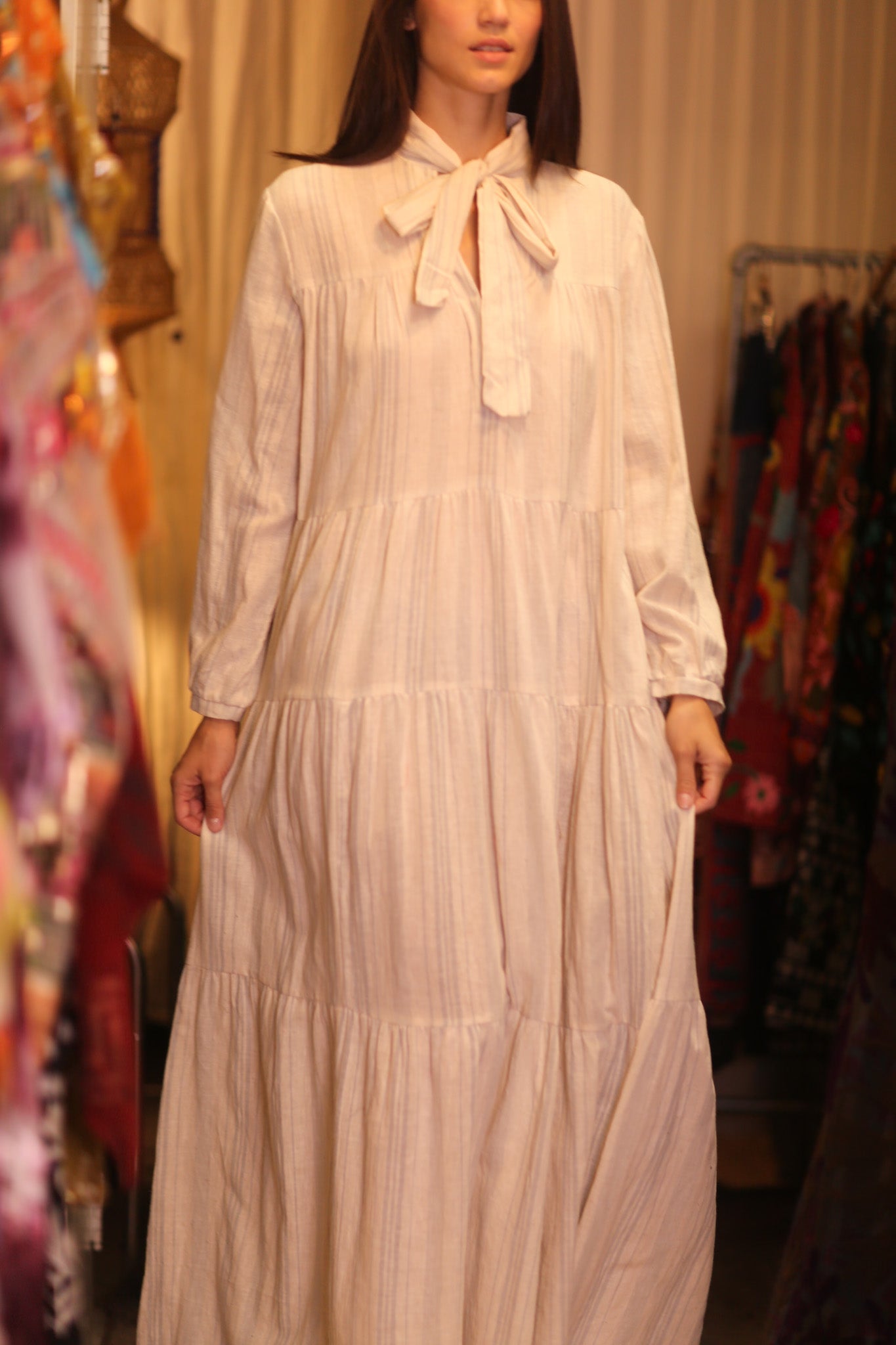 HANDWOVEN MAXI COTTON BUTTONED DRESS LOA CARA - BANGKOK TAILOR CLOTHING STORE - HANDMADE CLOTHING