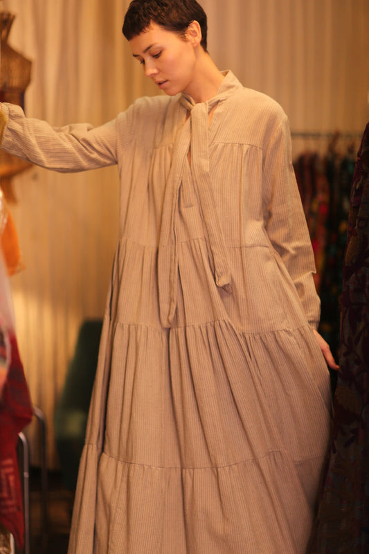 HANDWOVEN MAXI COTTON BUTTONED DRESS LOA ZOEY - BANGKOK TAILOR CLOTHING STORE - HANDMADE CLOTHING