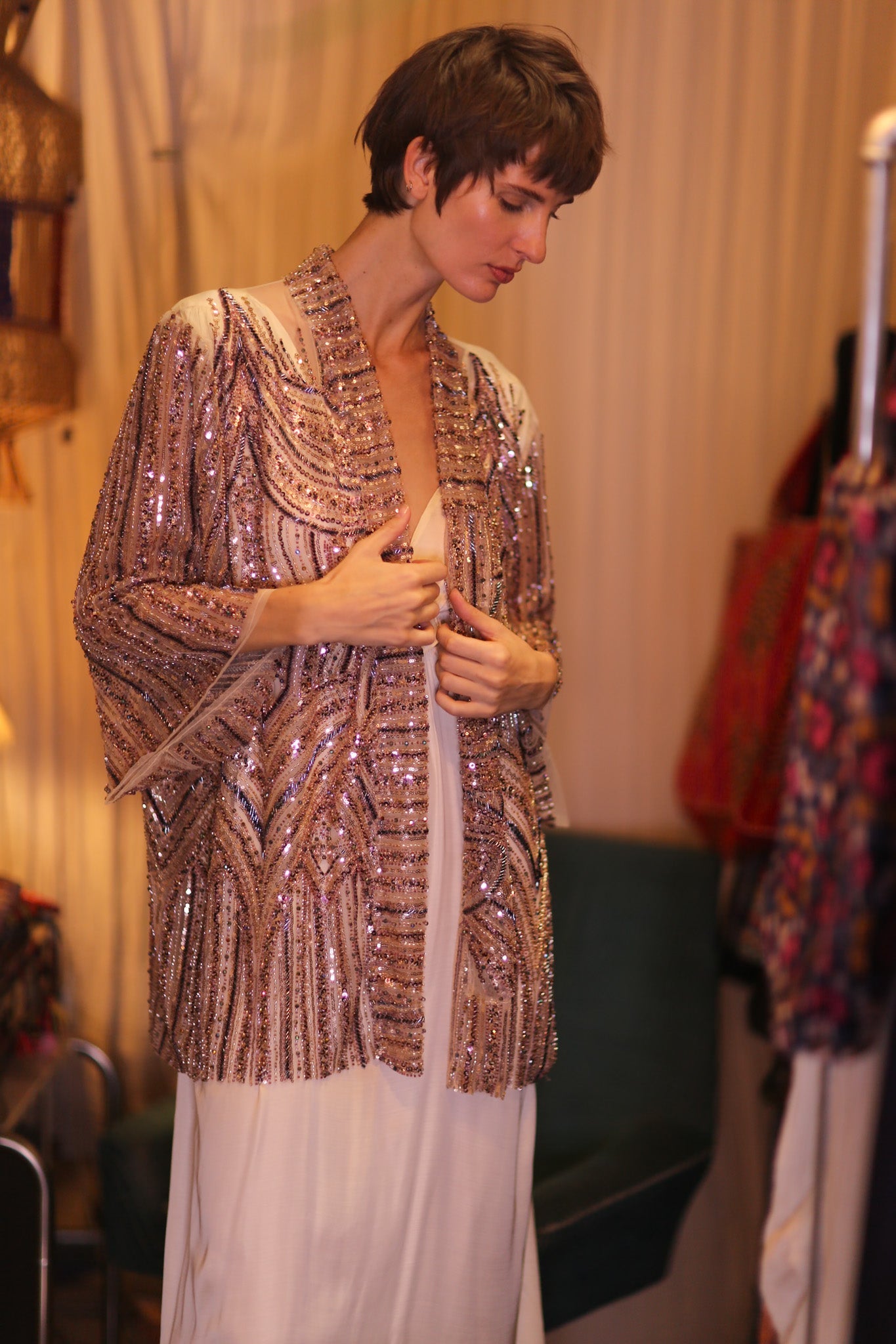 HEAVY SEQUIN EMBROIDERED SILK SHORT KIMONO WHITE FAIRY - BANGKOK TAILOR CLOTHING STORE - HANDMADE CLOTHING